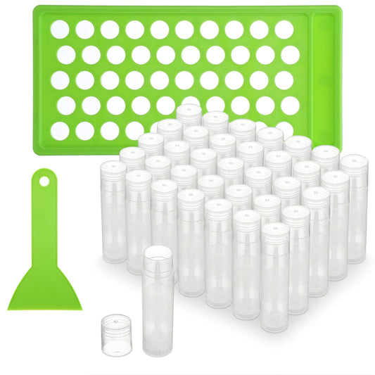 Giloaou 120Pcs Lip Balm Tubes with 50-Hole Filling Tray & Spatula, 5ml Empty Lipstick Tube Containers, BPA-Free DIY Kit for Homemade Cosmetics (Clear Tubes, Green Tray)