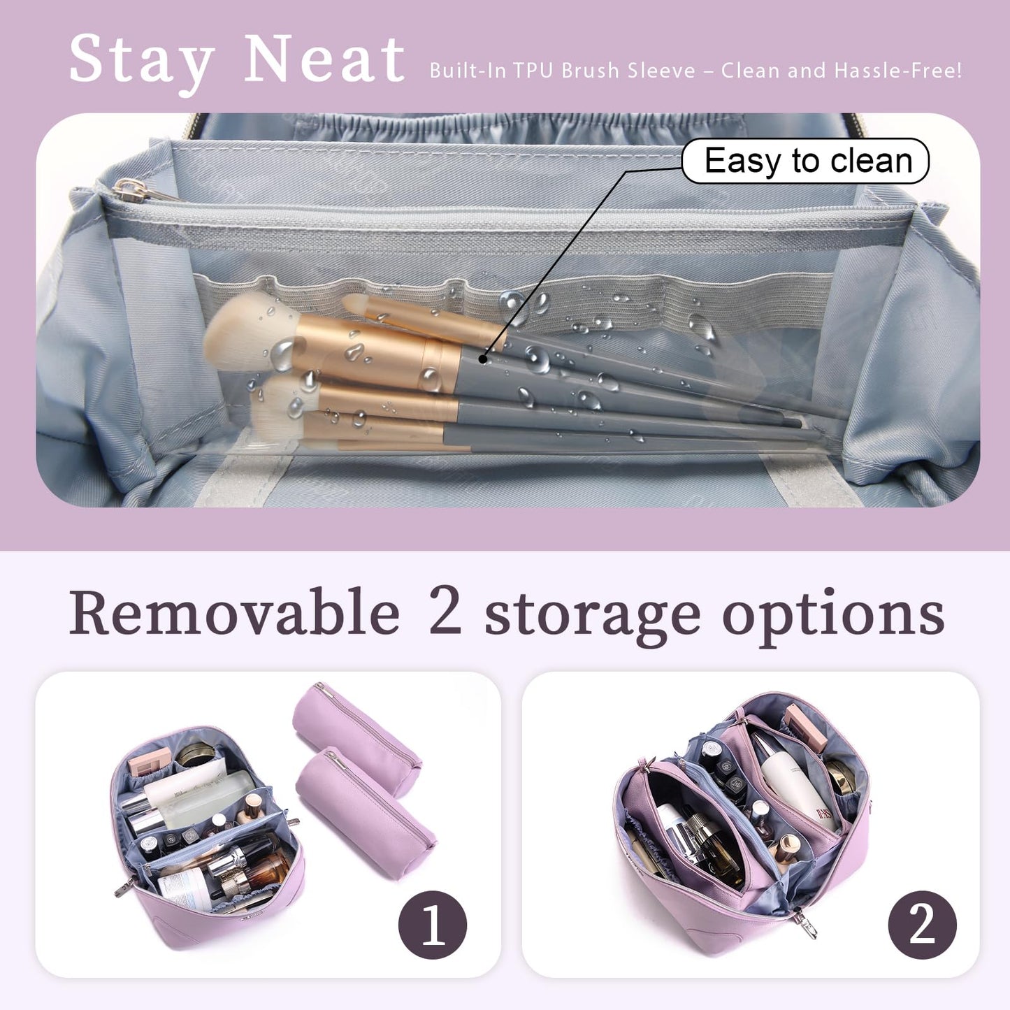 BOYATU Travel Makeup Bag Cosmetic Bags for Women: 3 Pcs Set Large Capacity Make up Bag with Handle - Waterproof Vegan Leather Toiletry Bags Travel Essentials with Compartments(C-4-Purple)