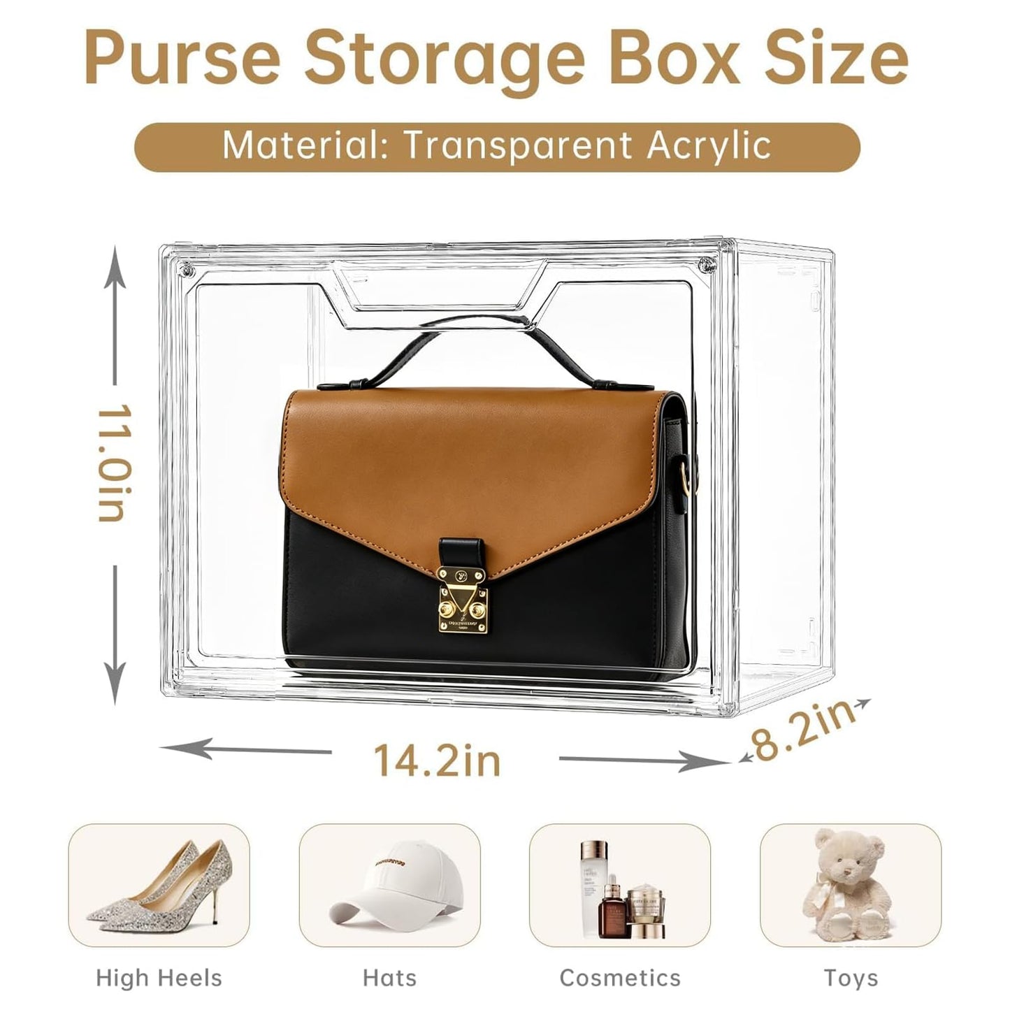 Purse Organizer for Closet,Clear Acrylic Display Case for Handbag Organizer, Purse Storage Box with Magnetic Door, Plastic Storage Bins for Book, Collectibles, Cosmetic (5 Pack)