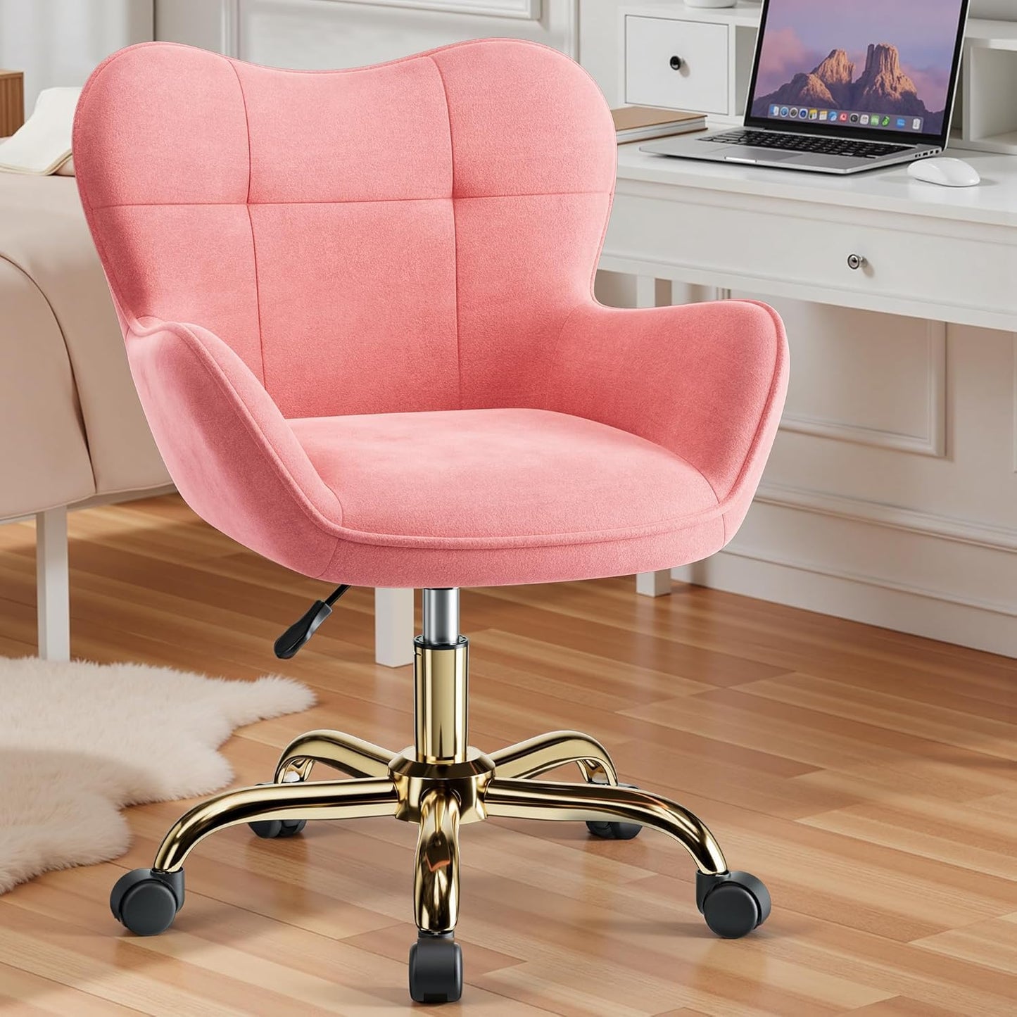 BestEra Vanity Chair with Wheels, Cute Home Office Desk Chairs Adjustable Height for Living Bedroom, Small Modern Fluffy Velvet Makeup Chair with Back for Girls (Pink)