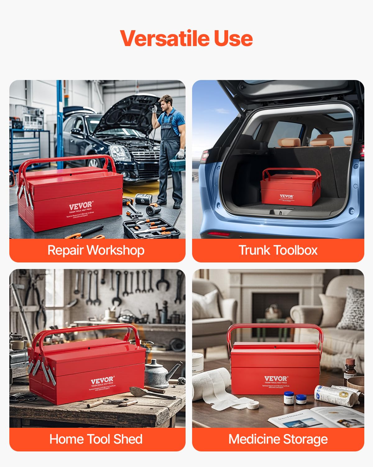 VEVOR Metal Tool Box, 14-inch, 2-Tier 3-Tray Portable Folding Tool Chest Organizer with Handle & Lock Hole, Powder Coated Steel, Cantilever Toolbox for Household Factory Warehouse Repair Shop, Red