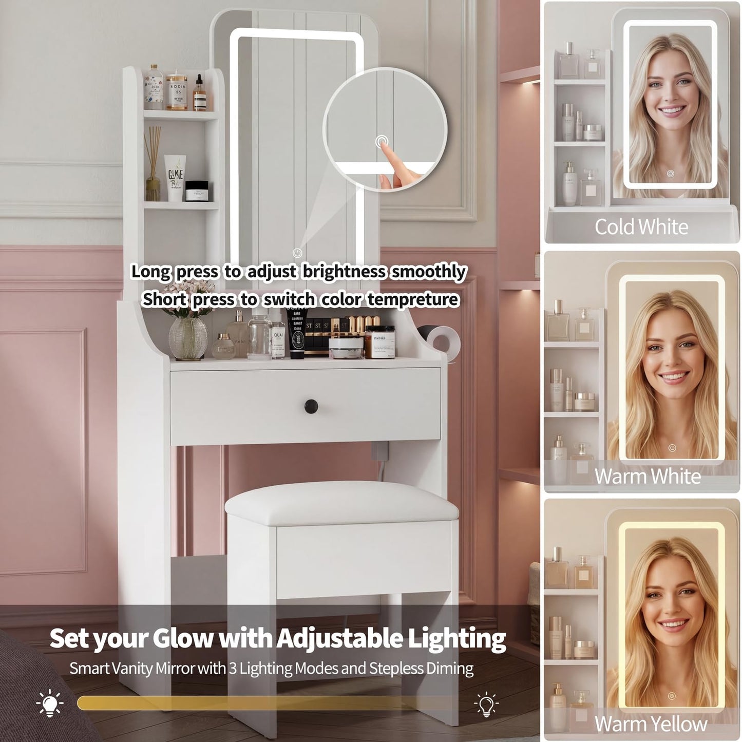 HAPPYMONT Small Vanity Desk with LED Light Mirror and Storage Bench, White