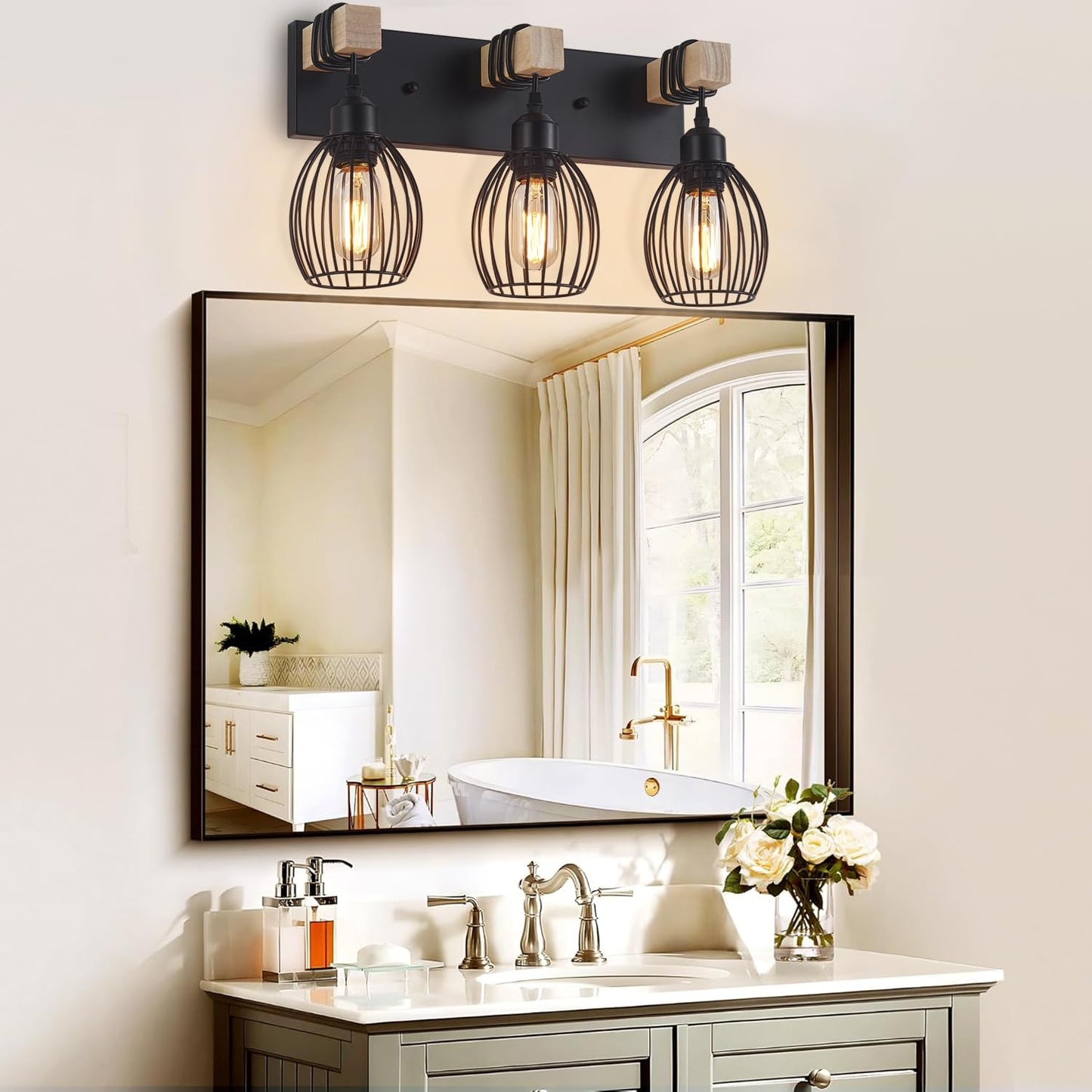 A1A9 Farmhouse Bathroom Vanity Light, 3-Light Rustic Wood Bathroom Lighting Fixtures Over Mirror, Industrial Black Vanity Lights with Elegant Teardrop Lampshade for Bedroom Living Room Hallway