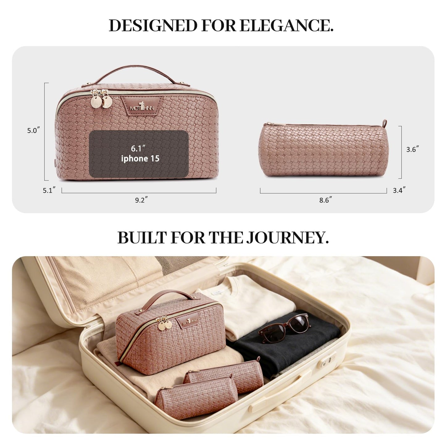 Travel Makeup Bag for Women: Designer 3 Pcs Set Cosmetic Bags for Women - Large Capacity Vagen Leather Hand-made for Toiletry Organizer - Ladies Travel Flat Open Essentials for Luxury (10Brown)