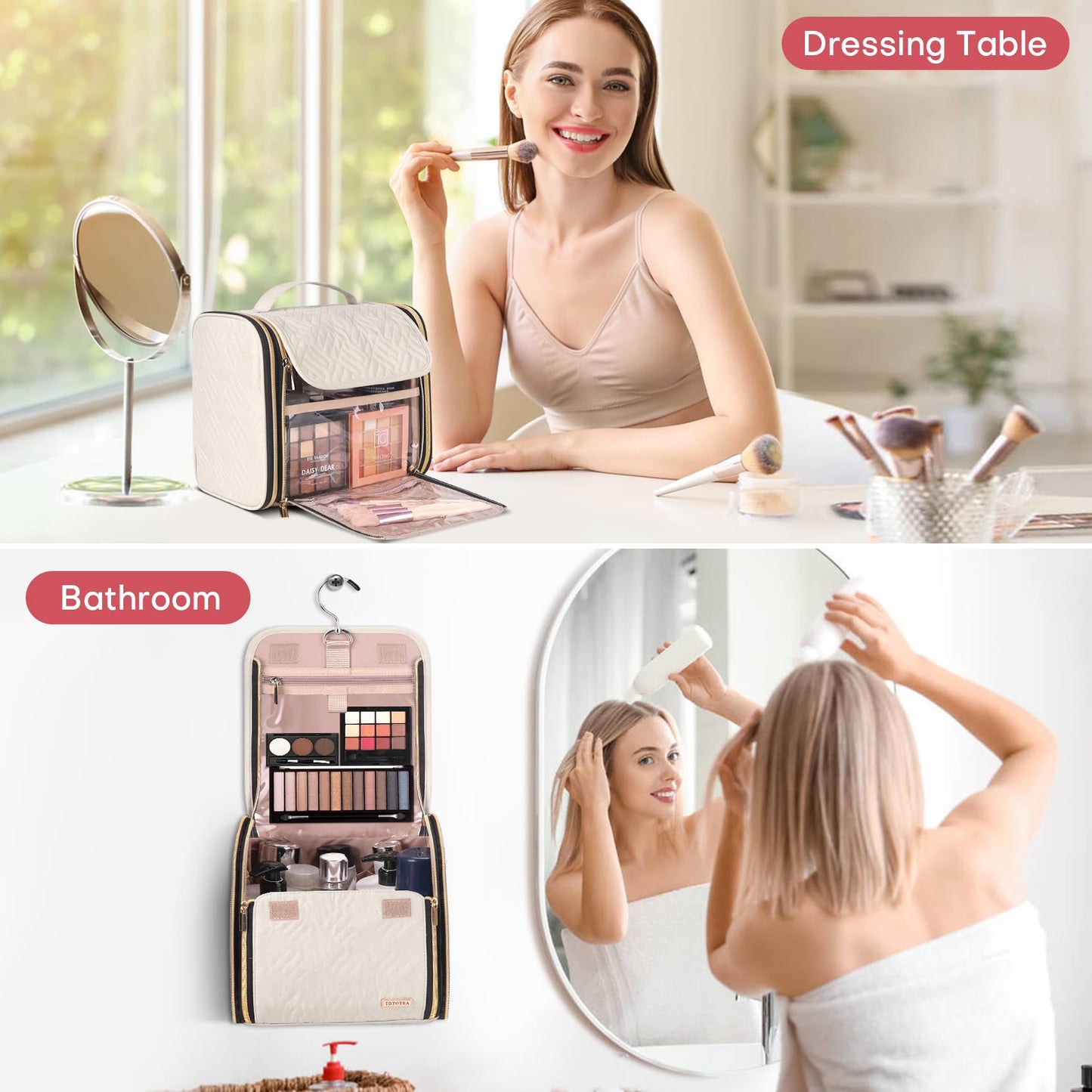 TBTOTRA Hanging Toiletry Bag & Makeup Bag for Women with Jewelry Organizer - TSA Approved Large Capacity Travel Cosmetic Organizer, Waterproof Shower Essentials Case with Transparent Pockets, Beige