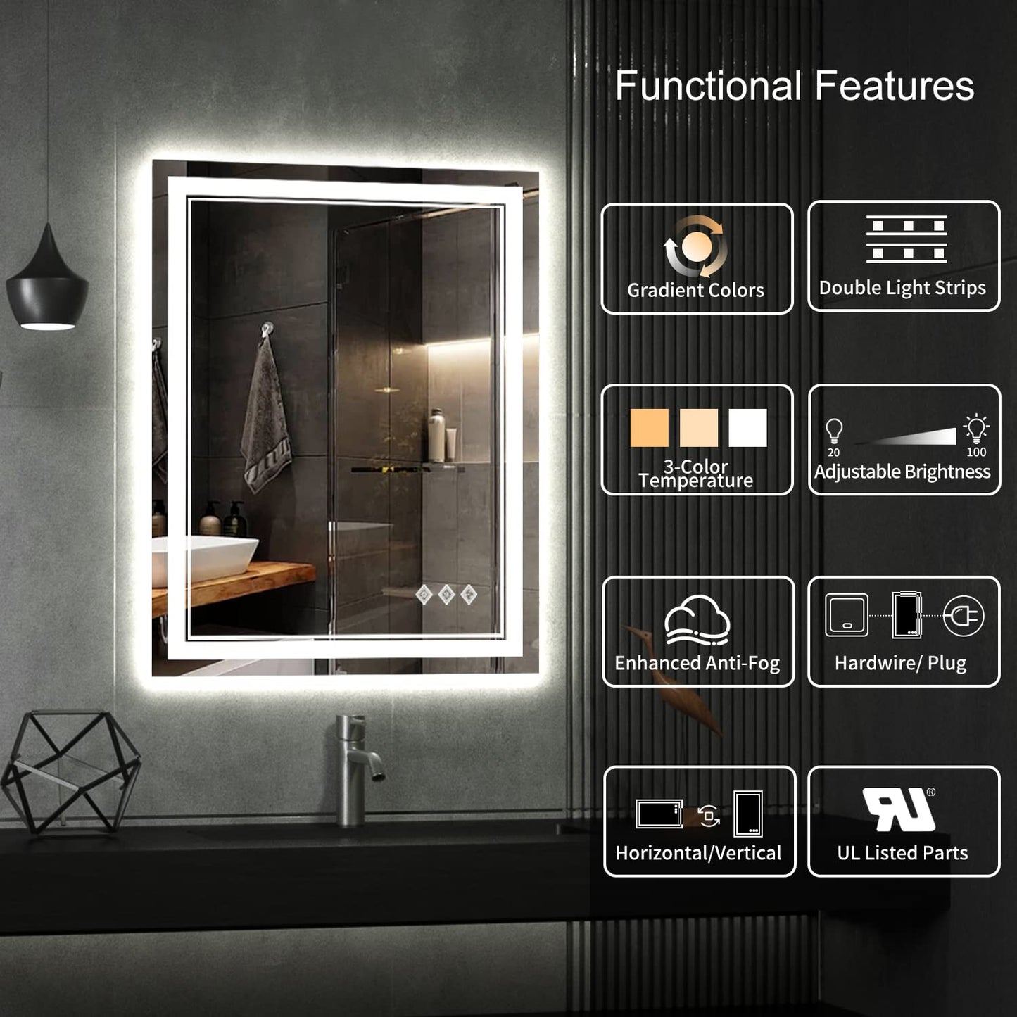 VanPokins LED Bathroom Mirror, 24x32 Inch Gradient Front and Backlit Vanity Mirror with Lights, 3 Colors Dimmable CRI>90, IP54 Enhanced Anti-Fog, Hanging Plates Bathroom Mirror with Lights