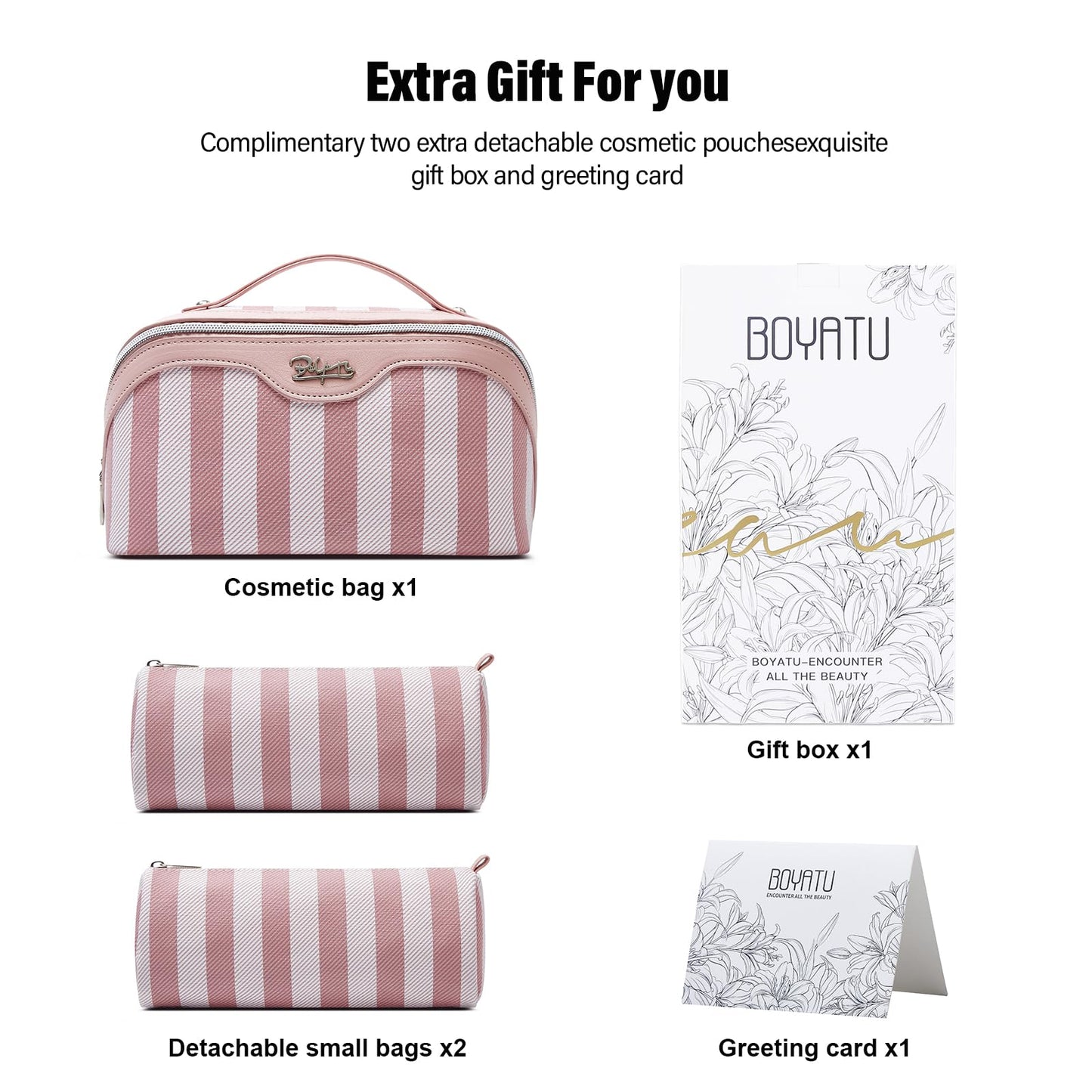 BOYATU Travel Makeup Bag Cosmetic Bag for Women: 3 Pcs Set Striped Make up Bag with Compartments - Waterproof Vegan Leather Toiletry Bags with Handle - Makeup Organizer for Travel Essentials(A-3-Pink)