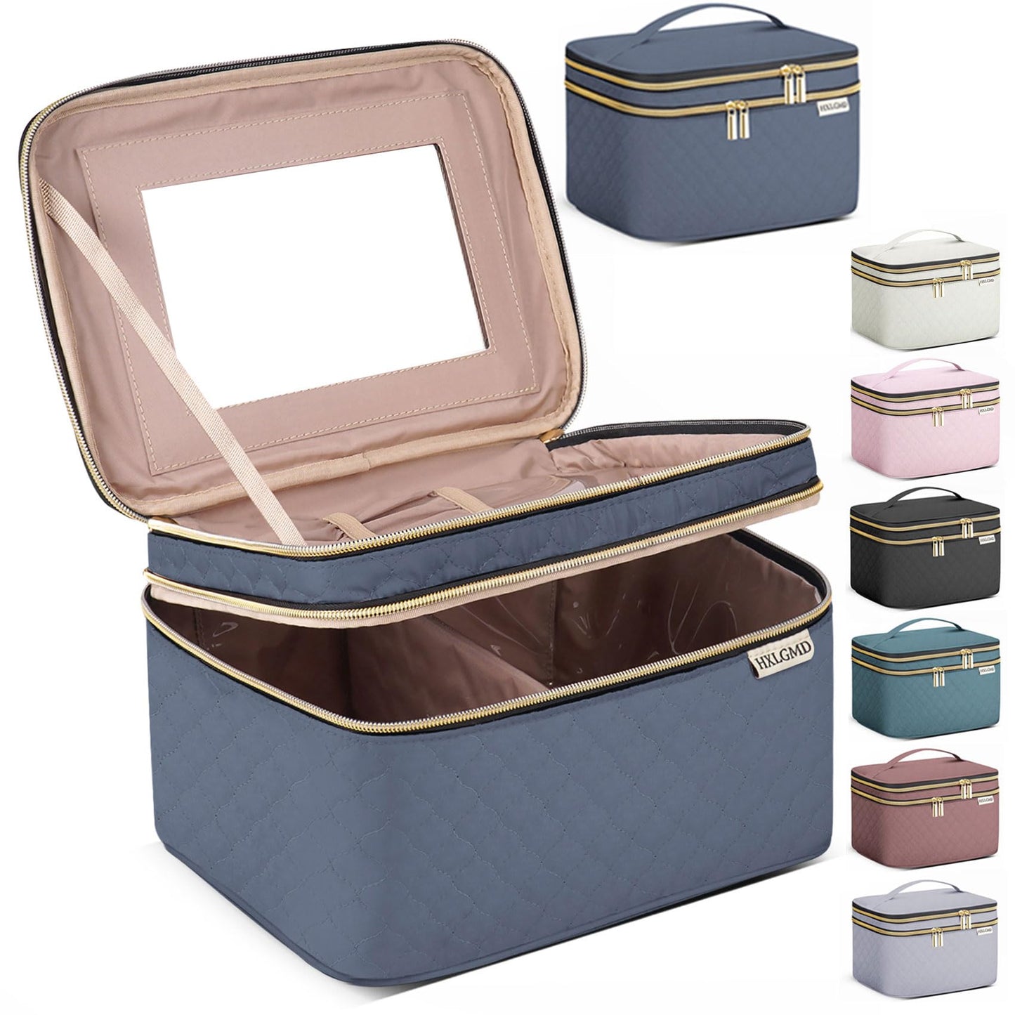 HXLGMD Large Makeup Bag with Mirror Double Layer Travel Make Up Organizer Case, Large Capacity Coemetic with Brush Slot Divider, Travel Toiletry Bag for Women (Aegean Blue)