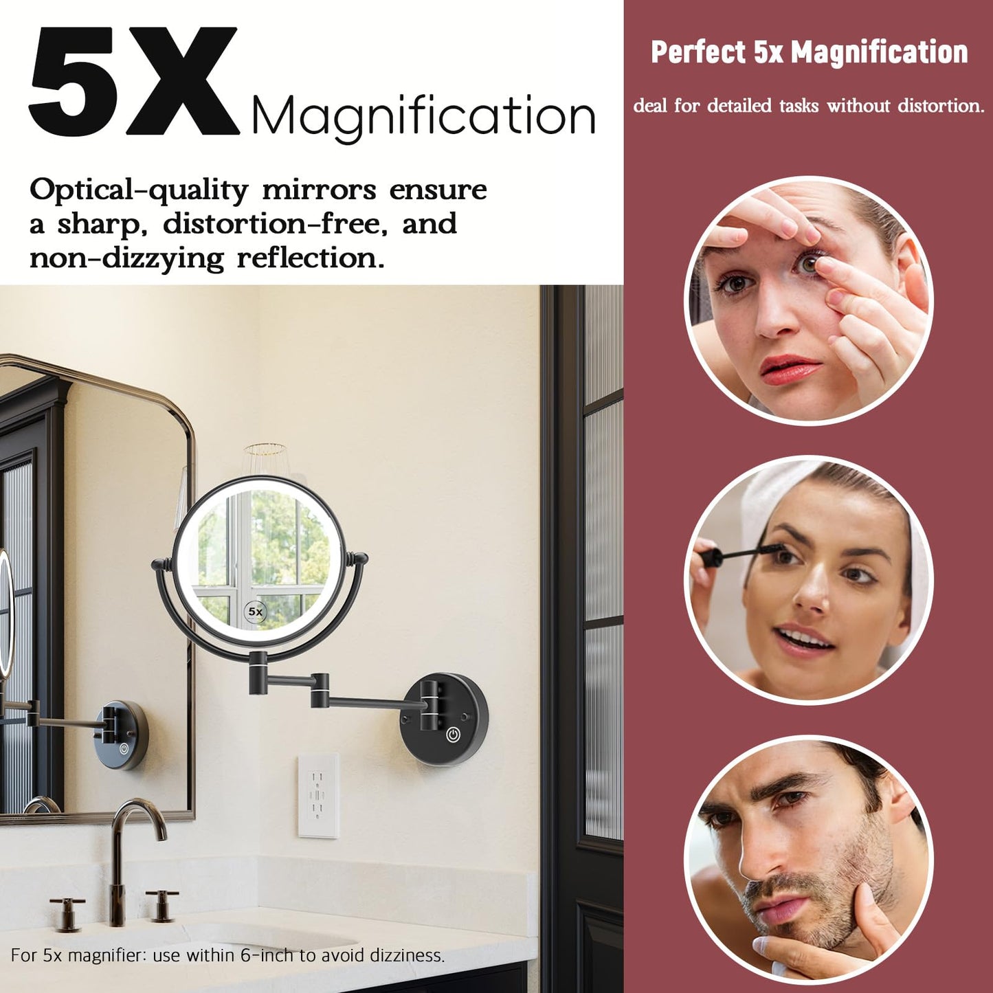 RECKODOR 8" Hardwired Magnifying Mirror Wall Mounted, Matt Black