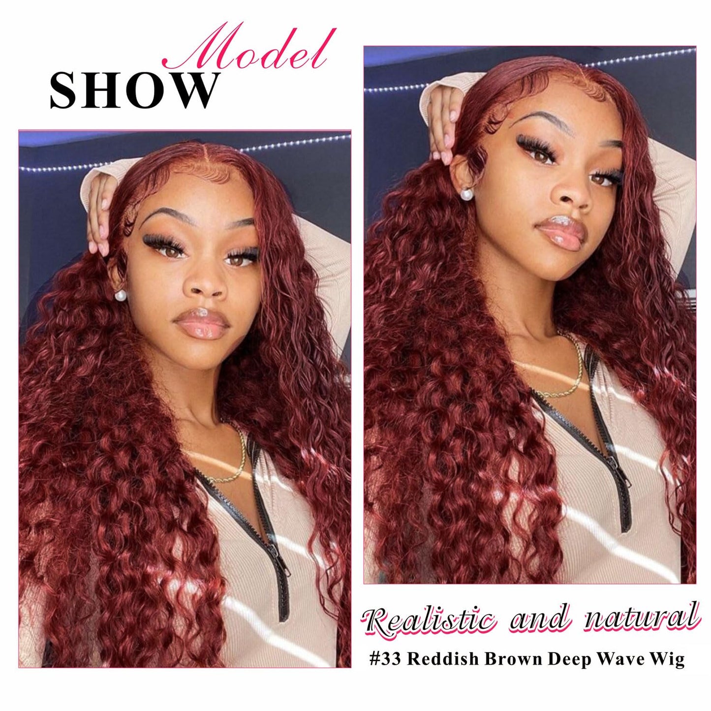 Aveiyce Reddish Brown Deep Wave Lace Front Wigs Human Hair 33b Color 13x4 HD Lace Frontal Wig for Women 180% Density Glueless Copper Red Curly Wig Pre Plucked 26 Inch