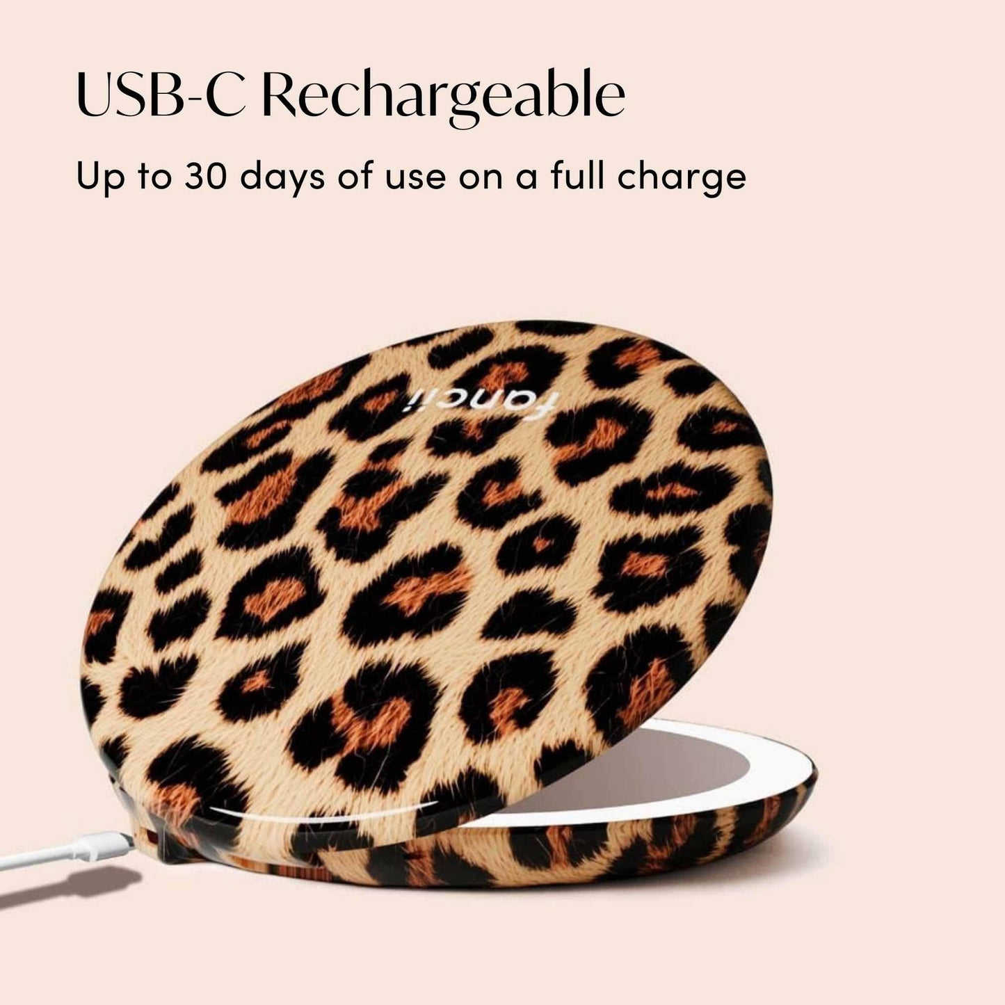 Fancii Taylor LED Lighted Travel Makeup Mirror, Rechargeable, 10x /1x Magnifying, Tru-Glow Lighting System, XL Large 5” Wide | Compact Mirror for Purses (Cheetah Chic)