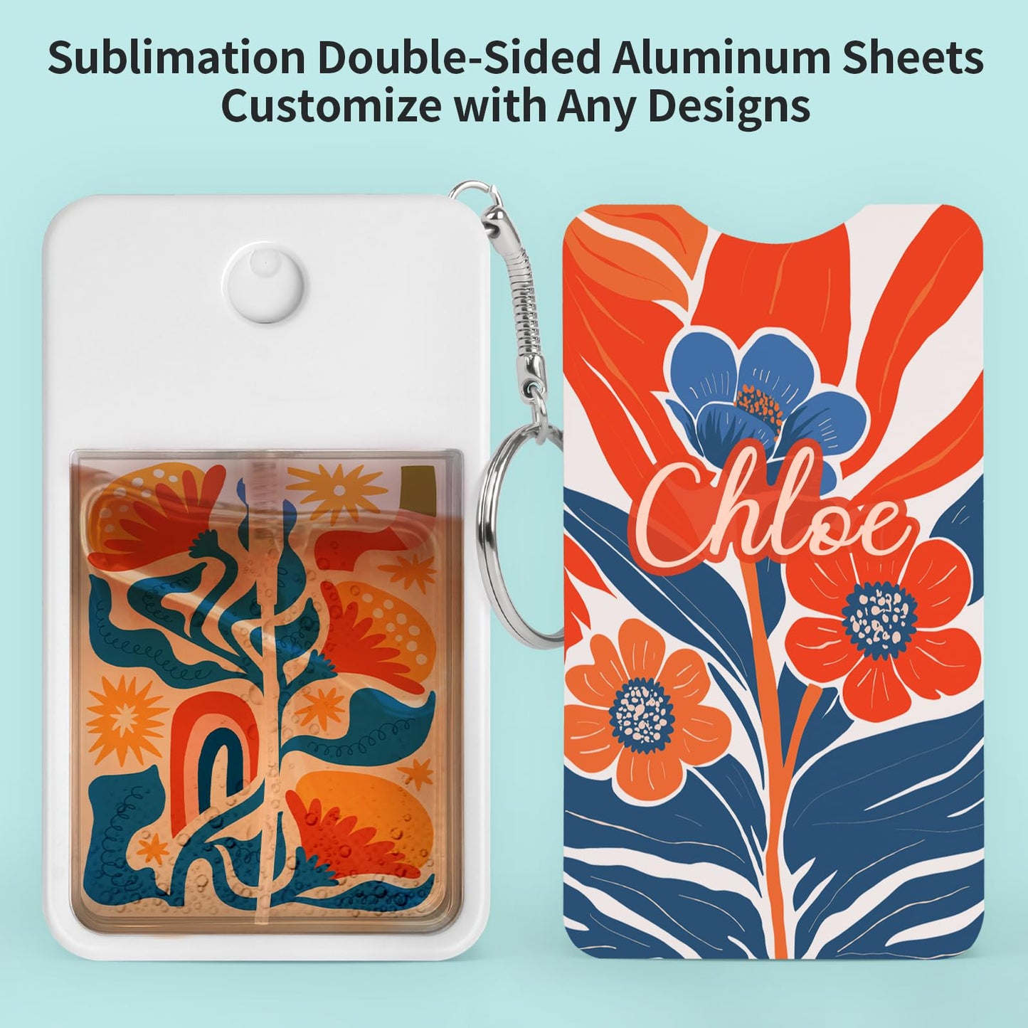 PYD Life 12 Pack Sublimation Blanks Card Perfume Spray Bottle 1FL. OZ 30 ml White with Key Ring, Portable Refillable Travel Sprayer with 16 PCS Double-Sided Sublimation Aluminum Sheets for DIY