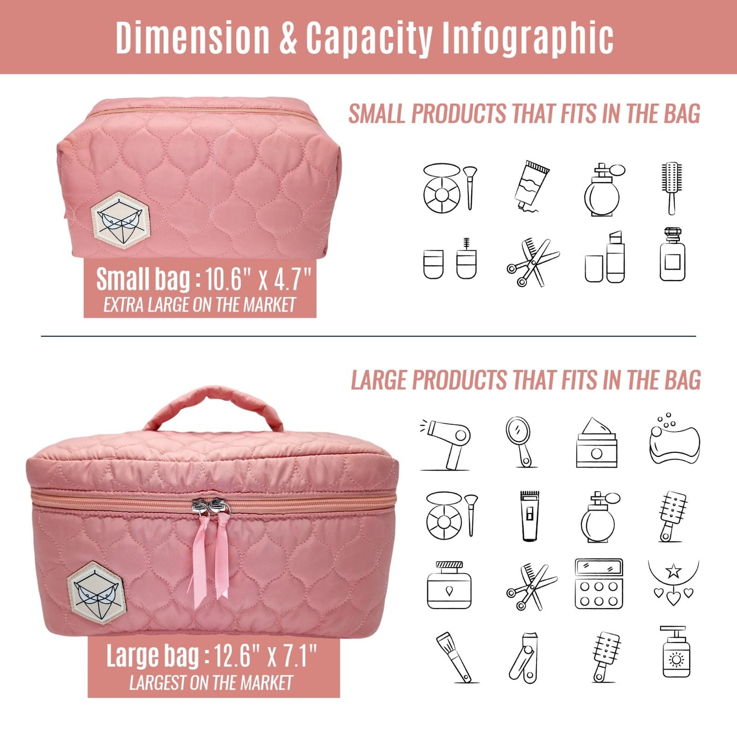 PINK PROTECT XL Quilted Makeup Bag Set of 2 - Extra Large Makeup Bag + Toiletry Bag for Women, Waterproof & Lightweight Cotton with Multiple Compartments, Perfect for Travel, Premium Stitching (Pink)
