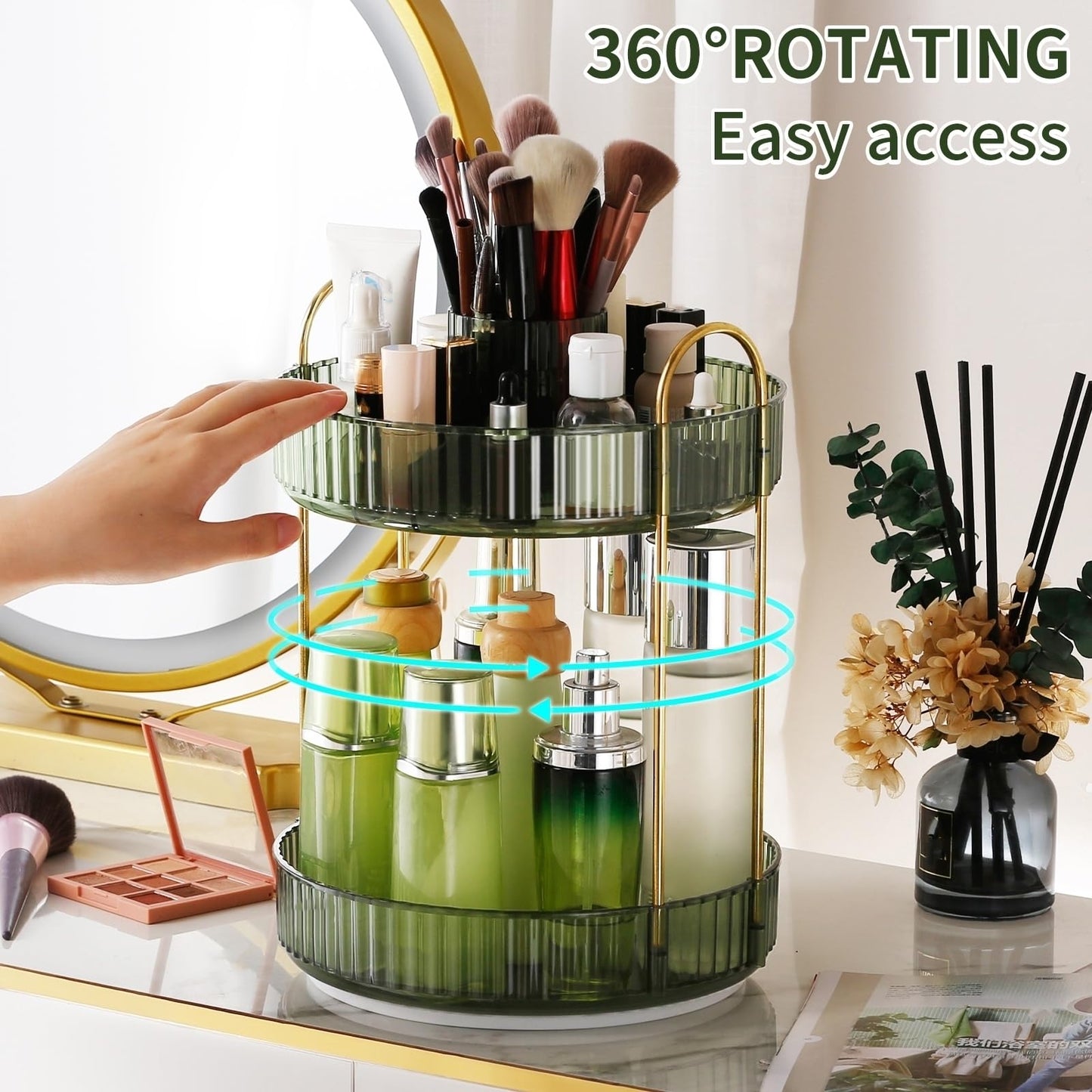 360° Rotating Makeup Organizer, Large-Capacity Skincare Make Up Storage 2 Tier Perfume Organizers Cosmetic Dresser Organizer with Makeup Brush Holder, Fits Bedroom, Bathroom, Vanity Shelf Countertop