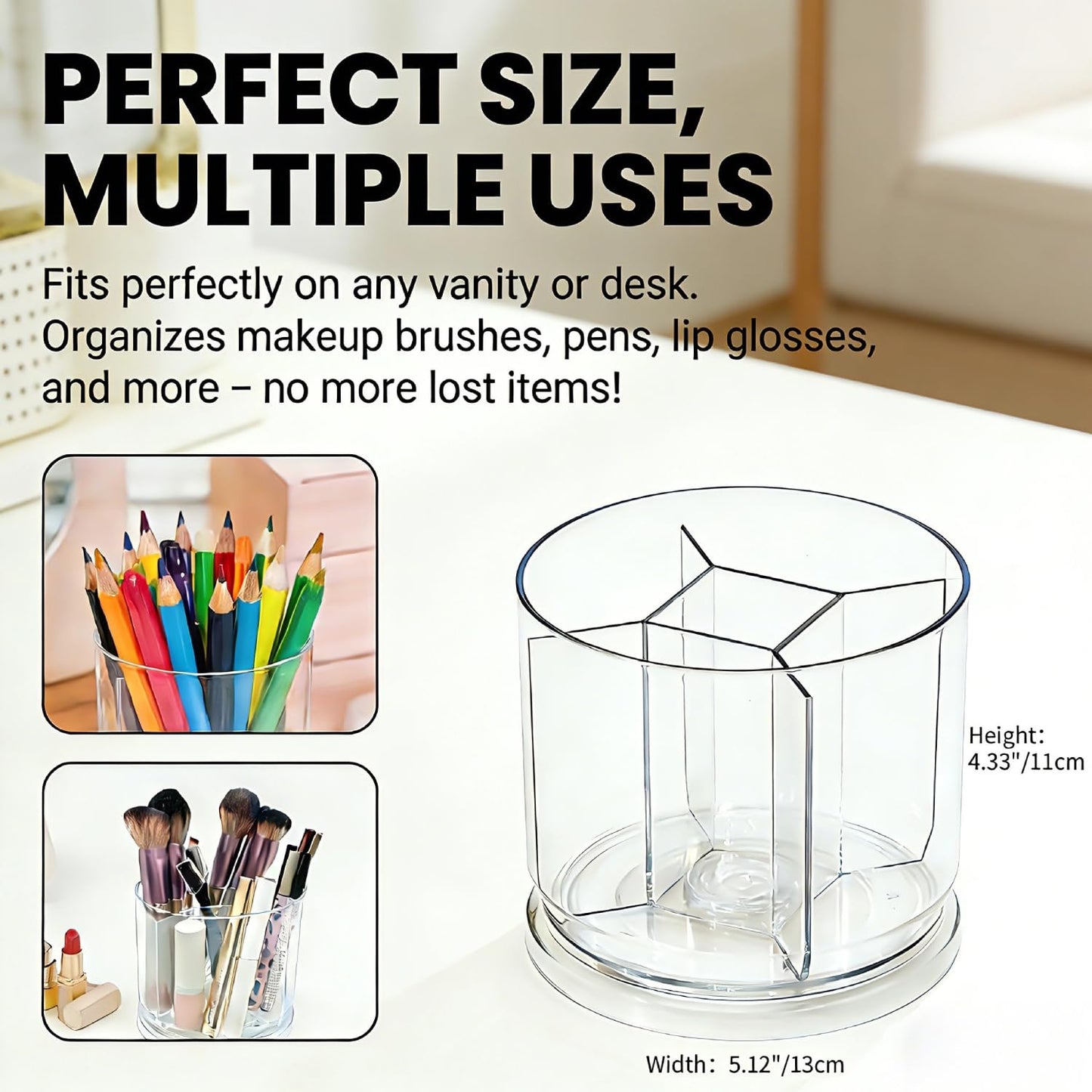 LOOENM Makeup Brush Holder 360 Rotating Makeup Brushes Organizer for Vanity, 5 Slots Makeup Organizers & Storage, Multi-Functional Pencil Pen Holder for Desk, Cosmetic Storage Container Cup (Clear)