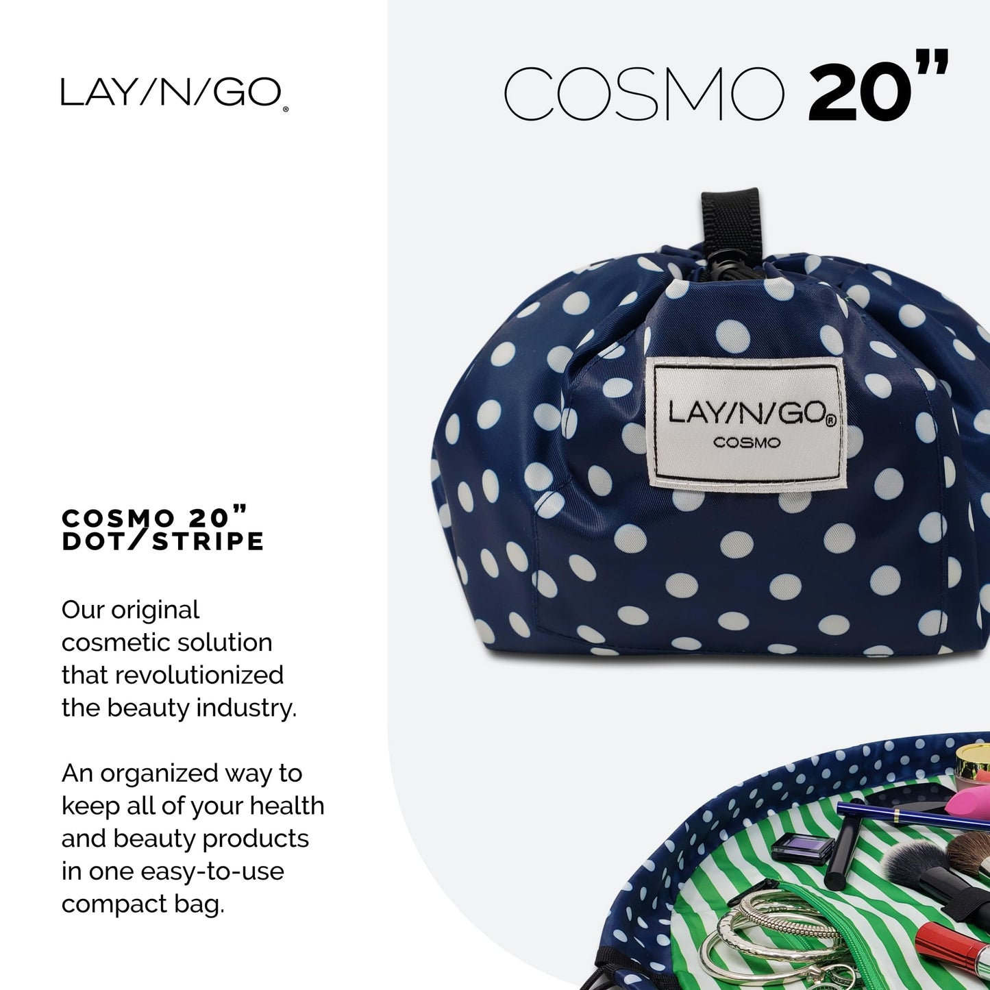 Lay-n-Go Cosmo Layflat Drawstring Cosmetic & Makeup Bag Organizer w/Zipper Pocket, Brush Loops & More, Cinch to Close, Lay Flat to Use, Durable, Machine Wash, Travel Toiletry Bag (20", Navy/Green)