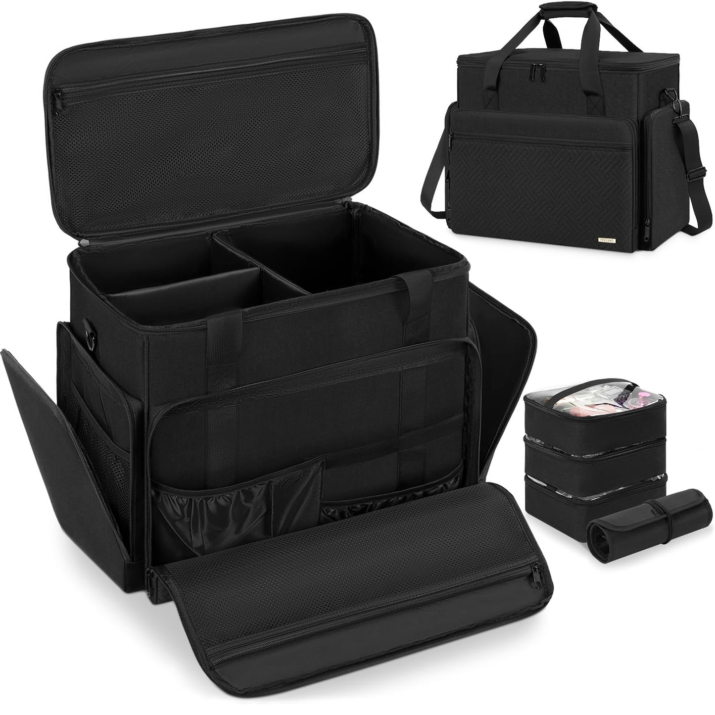 FREEAMG Extra Large Makeup Case with 4 Removable Pouches, Professional Make up Train Case,Travel Cosmetic Bag for Makeup Artist with Shoulder Strap and Handle (Black)（Bag only）