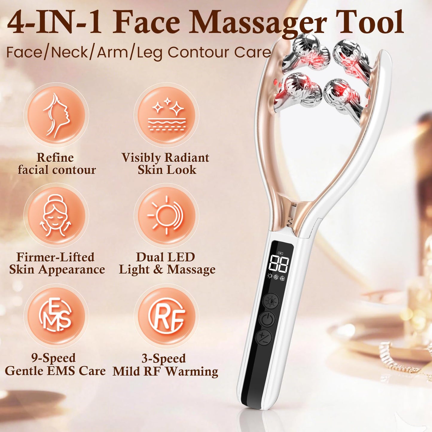 PVACG Facial Massager,Face Roller Tmj & Jaw Massager for Lymphatic Drainage,Facial Sculpting Tool with Red Blue Light,Face Contour Massage Tool for Women