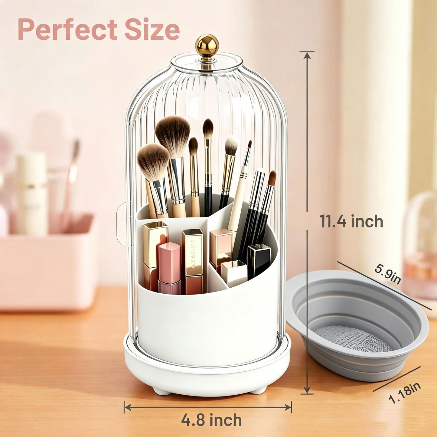 Makeup Brush Holder with Lid Rotating Clear Dustproof Make Up Organizers for Vanity Makeup Brush Storage Box Toothbrush Holders Toothpaste Holder Bathroom Counter Stand Sink Organizer Caddy for Vanity