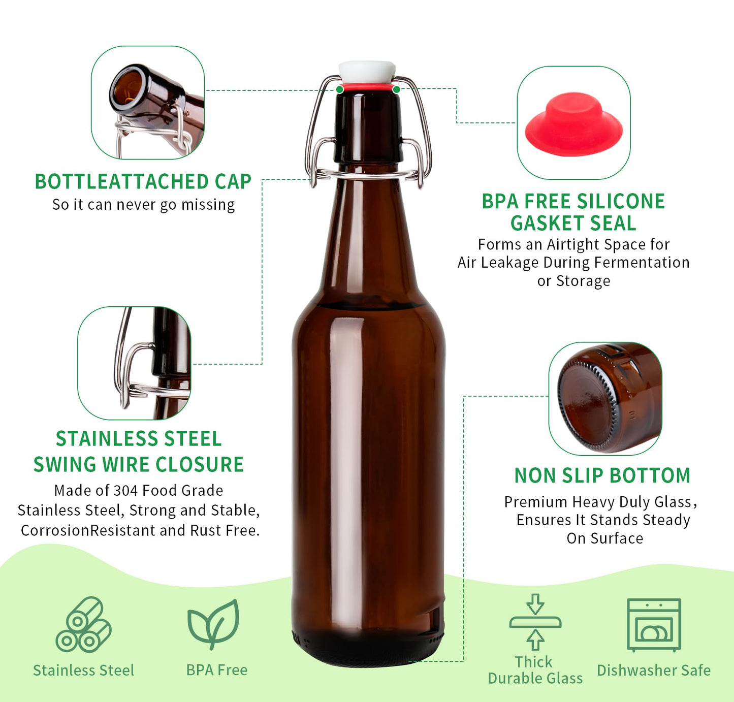 16.5oz Amber Beer Bottles with Flip Caps Set of 10, Swinging Top Glass Brewing Bottles with Airtight Lids for Vanilla Extract, Fermentation Kombucha, Beverage, Water, Kefir, Soda