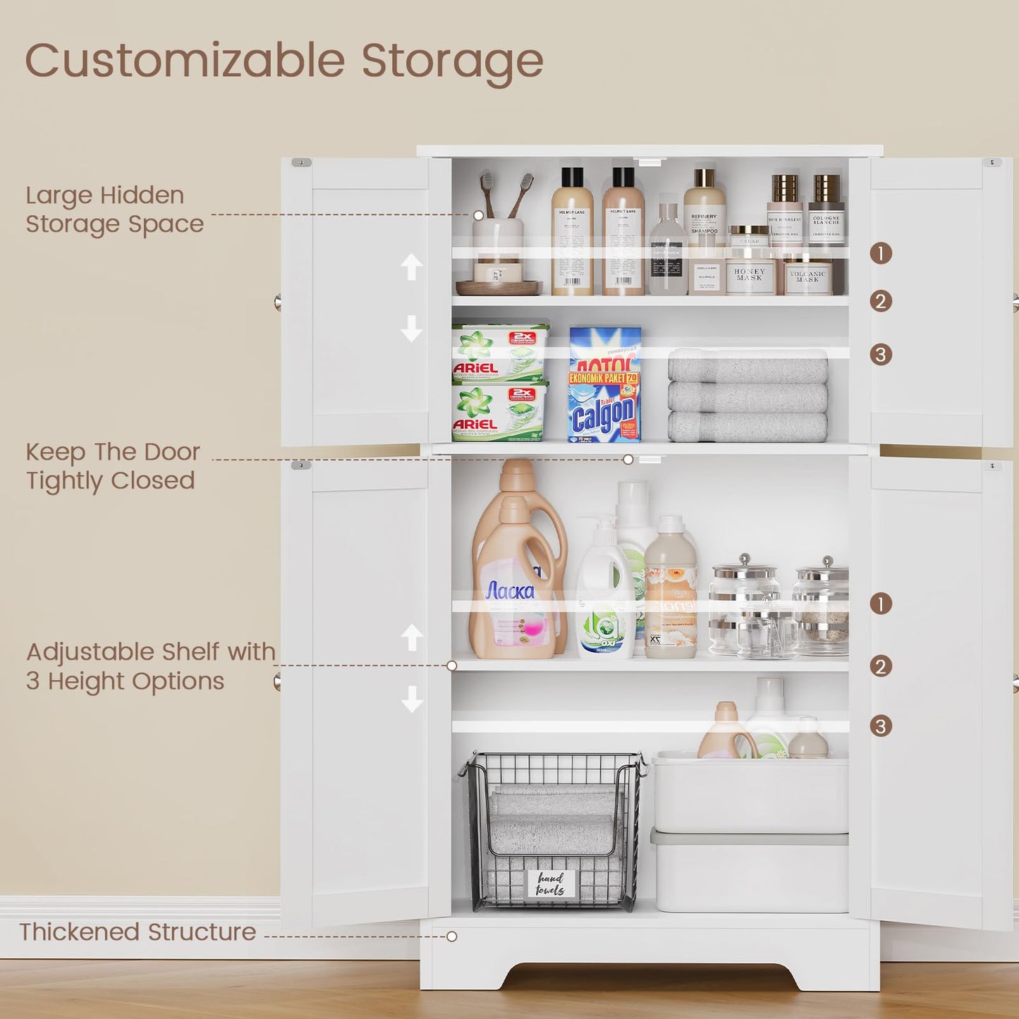 TEENFON Bathroom Floor Storage Cabinet, Freestanding Bathroom Storage Unit with 2 Adjustable Shelves & 4 Doors, White