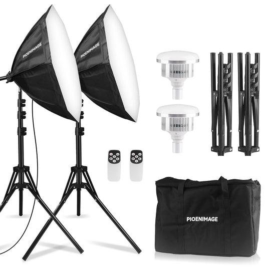 PIOENIMAGE Softbox Lighting Kit, Softbox Photography Lighting Set with 21.6x21.6in Octagonal Softbox, Light Tripod, 85W 2700-6500K LED Bulb Remote, Studio Lights for Photography, Video Recording, 2Pcs