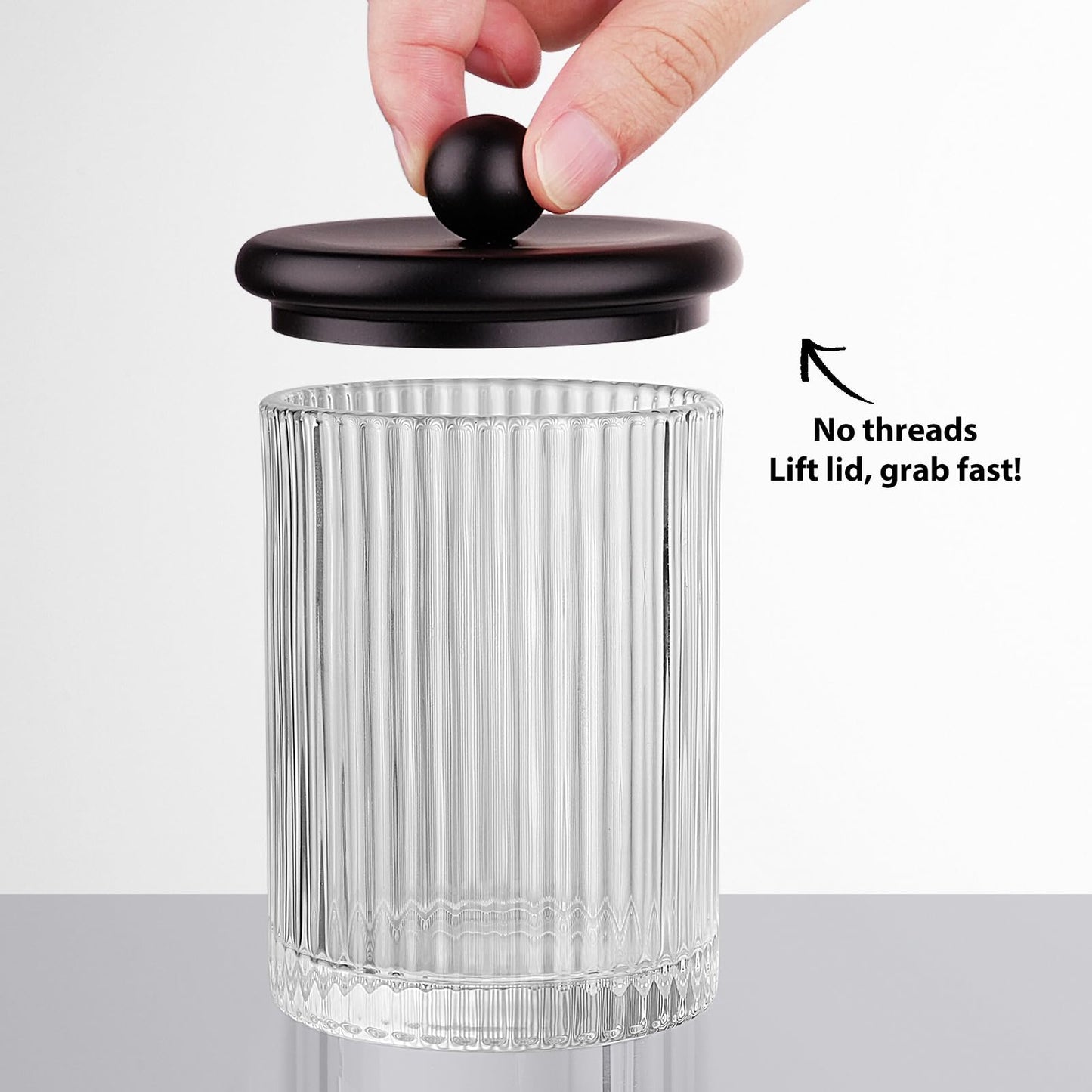 Komashr 3Pack Glass Qtip Holder Dispenser Set - Bathroom Canister Storage Organizer for Cotton Balls, Swabs, Floss Picks, and Makeup Sponges with Matte Black Metal Lid - Clear Vanity Apothecary Jars