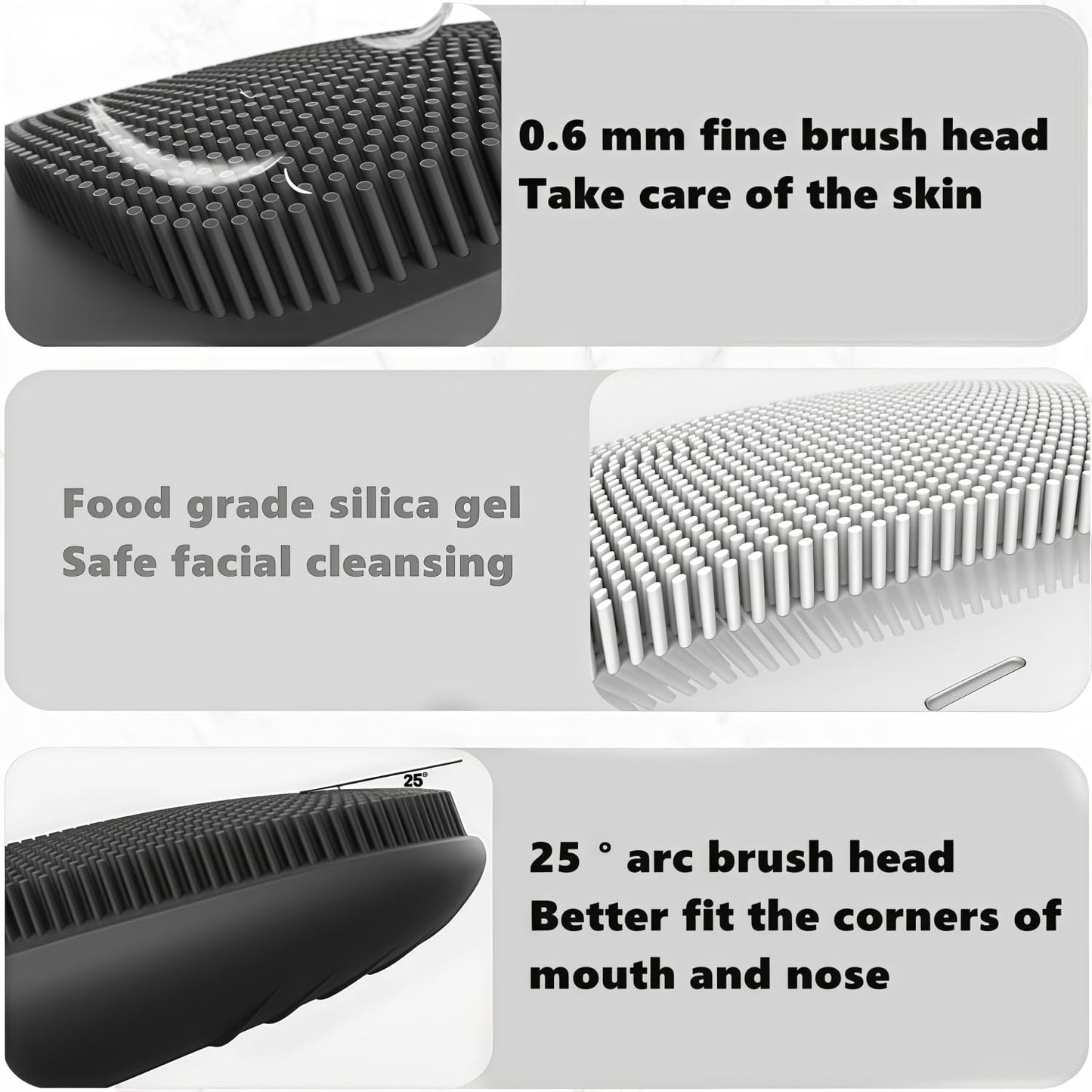 MEGAN Facial Cleansing Brush,USB Rechargeble Electric Silicone Face Scrubber,IPX7 Waterproof Sonic Facial Massager, 3 in 1 face Brush for Deep Cleanning, Blackhead Remover, Exfoliating.（Black）