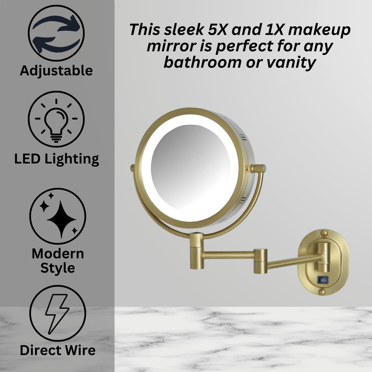 JERDON Wall-Mounted Makeup Mirror with 5X Magnification - Gold Makeup Mirror with LED Lights - Direct Wire - Model HL65BGD