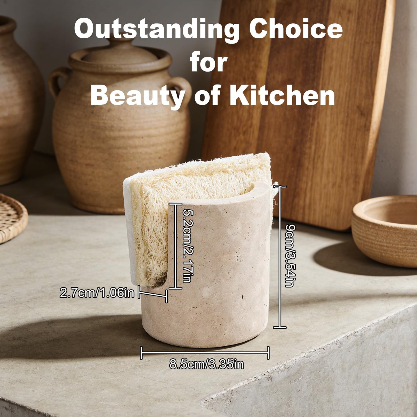Natural Travertine Sponge Holder for Kitchen Sink Counter w A Plant-Based Kitchen Sponge, Fast Drying, Durable, Compact, Wabi-Sabi & Unique Sponge Caddy, Sink Organizer, Beige Travertine Home Decor