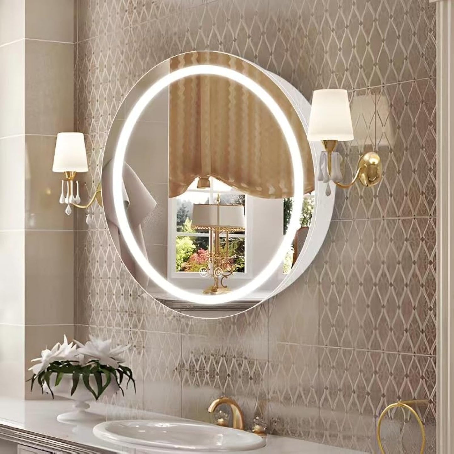 Janboe 26inch Round Medicine Cabinet with Lights,Led Medicine Cabinet with Demister,Illuminated Bathroom Mirror Cabinet,Dimmable,Anti-Fog,3 Color Temperature,White