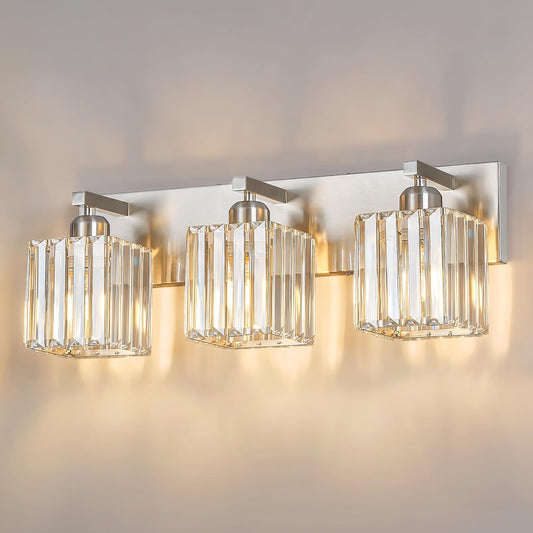 FDPBY Modern Vanity Light 3-Lights Brushed Nickel Vanity Light Crystal Bathroom Wall Light Bathroom Light Fixtures