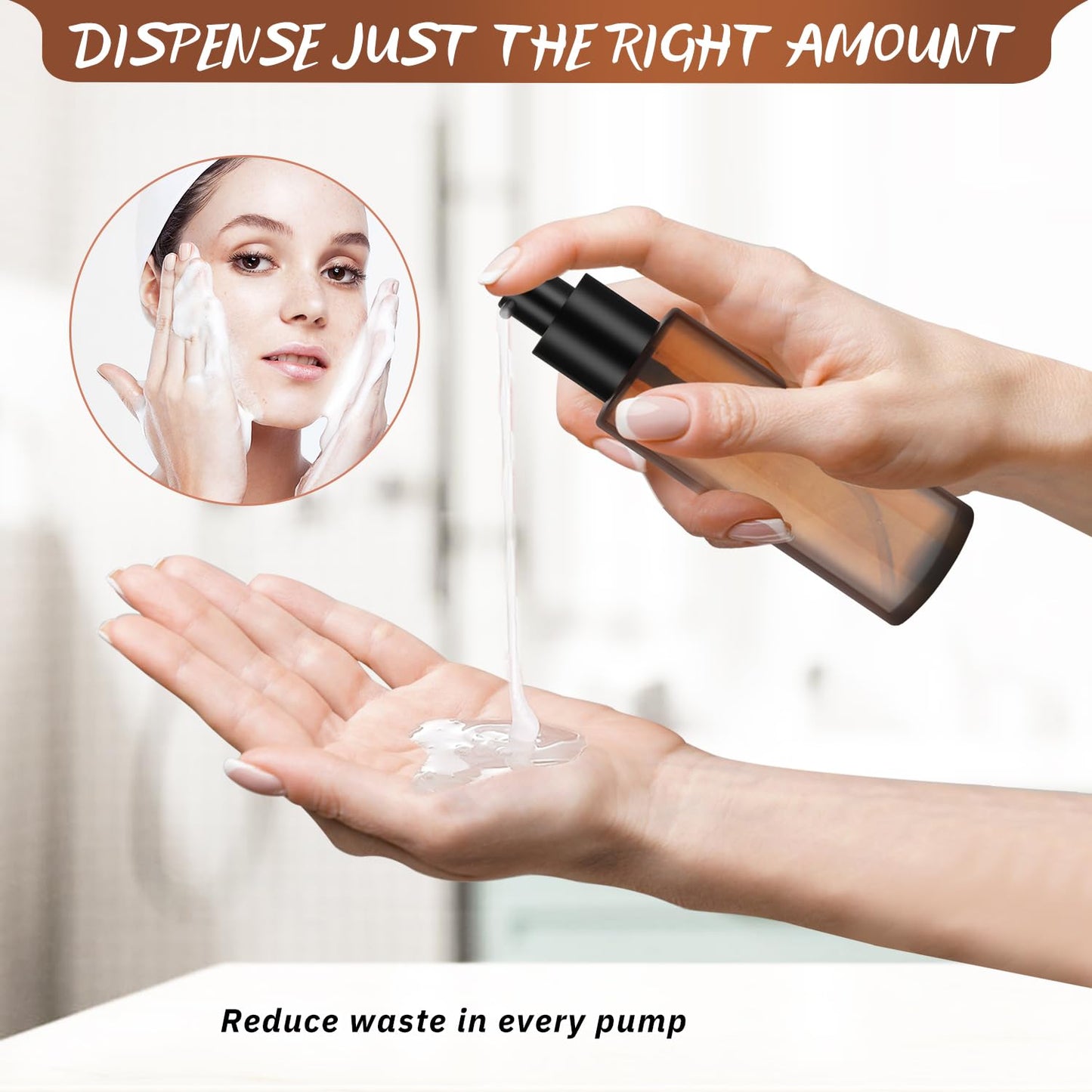 6 Pcs 60ml/2oz Amber Glass Pump Bottles Refillable Lotion Dispenser Cosmetic Sample Storage Container Vial with Black Pump Head for Liquid Foundation Soap Shower Gel Shampoo Toiletries