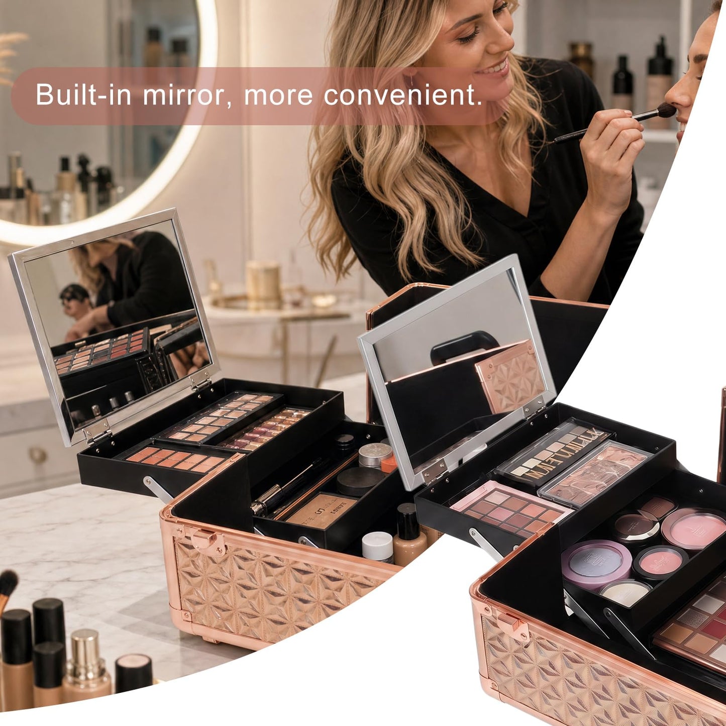 Yujesyde Rolling Makeup Train Case 6 in 1 with Mirror & Lock, Professional Makeup Travel Case, Large Cosmetic Organizer for Cosmetologists & Nails, Bonus 4 Replacement Wheels (6, Gold Holographic)