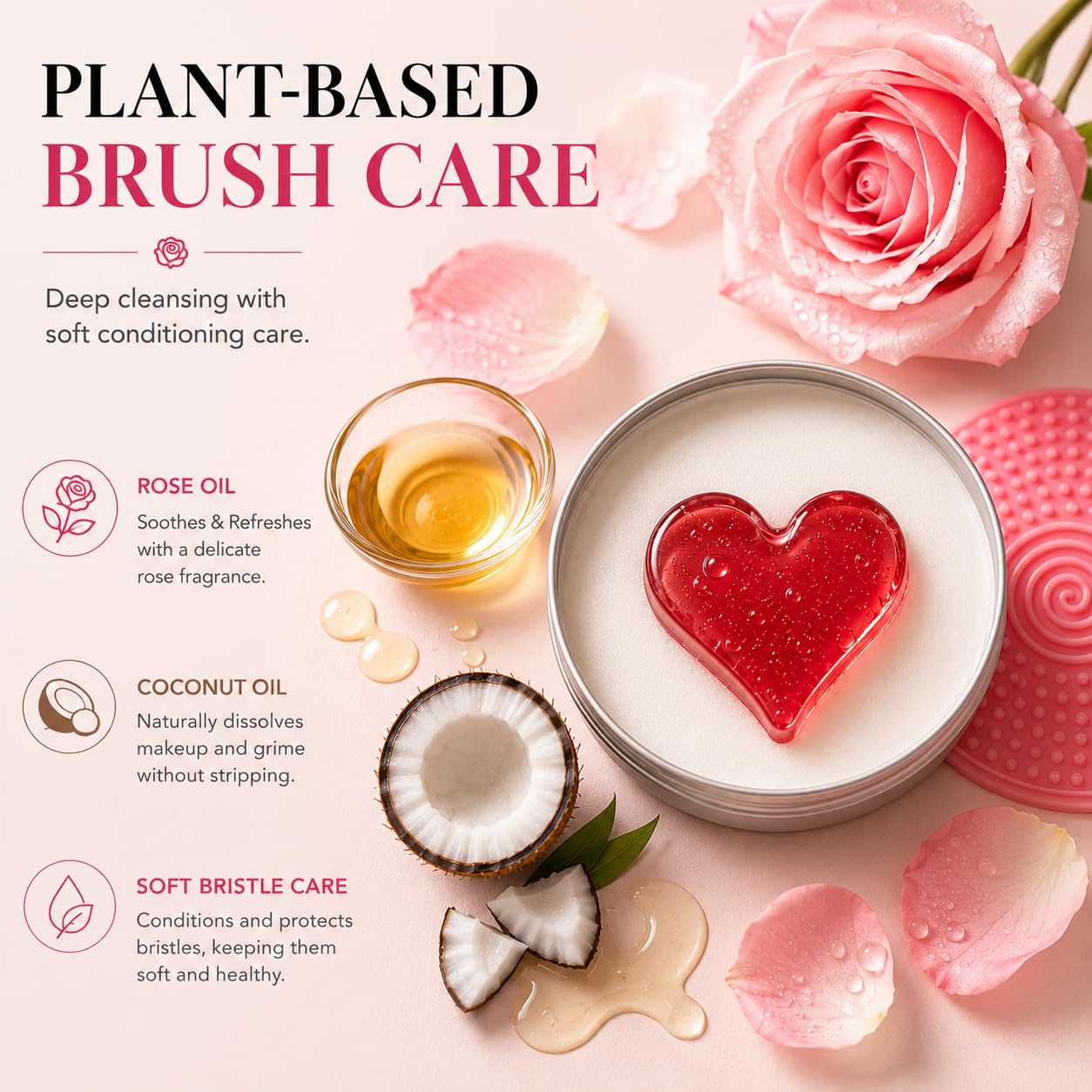 herblight Makeup Brush Cleaner Soap with Silicone Cleansing Pad- Gentle Makeup Brush Soap for Beauty Blenders, Vegan & Cruelty-Free, 3.5 oz (100g) (Pink Rose（1PC）)