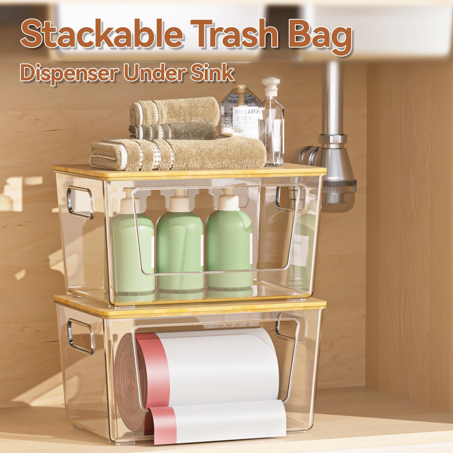 spospo 4 Pack Trash Bag Holder with Bamboo Lid, Stackable Trashbag Dispenser, Extra Large Garbage Bag Holder for Kitchen Laundry Room Under Sink Organization and Storage