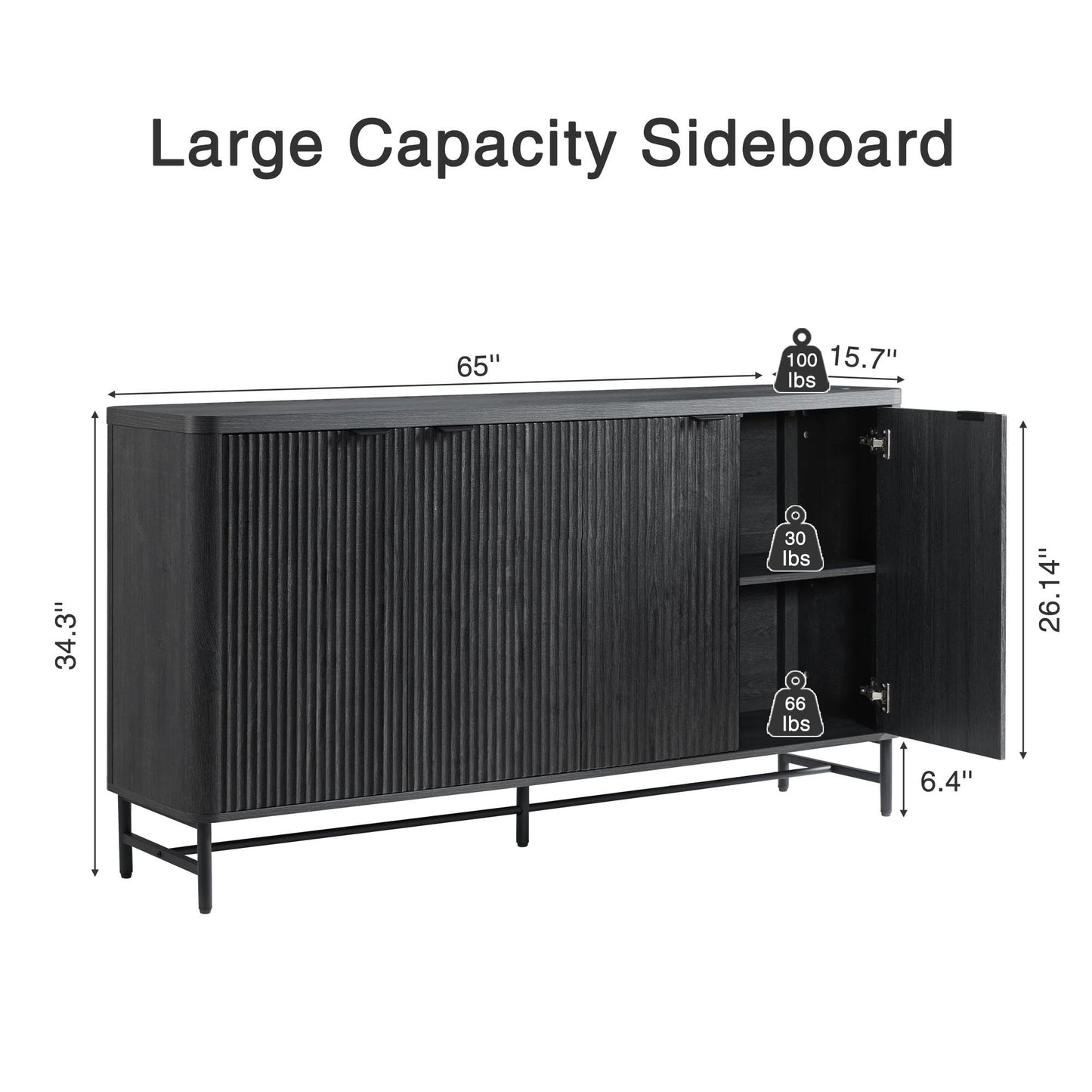 Fatmok 65" Fluted Buffet Cabinet with Adjustable Shelves – Large Sideboard Storage Console, Coffee Bar & Dining Room Organizer, White Fluted Credenza for Living Room, Entryway, Kitchen, Black Grey