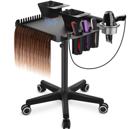TASALON Black Salon Rolling Tray Cart on Wheels, Portable Braiding Hair Rack with Magnetic Hair Dye Bowls, Heat-Resistant Tool Rack for Salon Storage, Rolling Tool Cart & Hairstylist Station Organizer