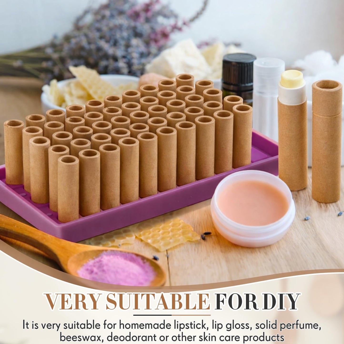Fuyoooo 50 Pcs Paperboard Lip Balm Tubes with Filling Tray and Spatula Set, 0.176 Oz/5g Empty Cardboard Lipstick Tubes for Lip Gloss Container DIY for Lipstick Gloss Deodorant Solid Perfume (Cowhide)