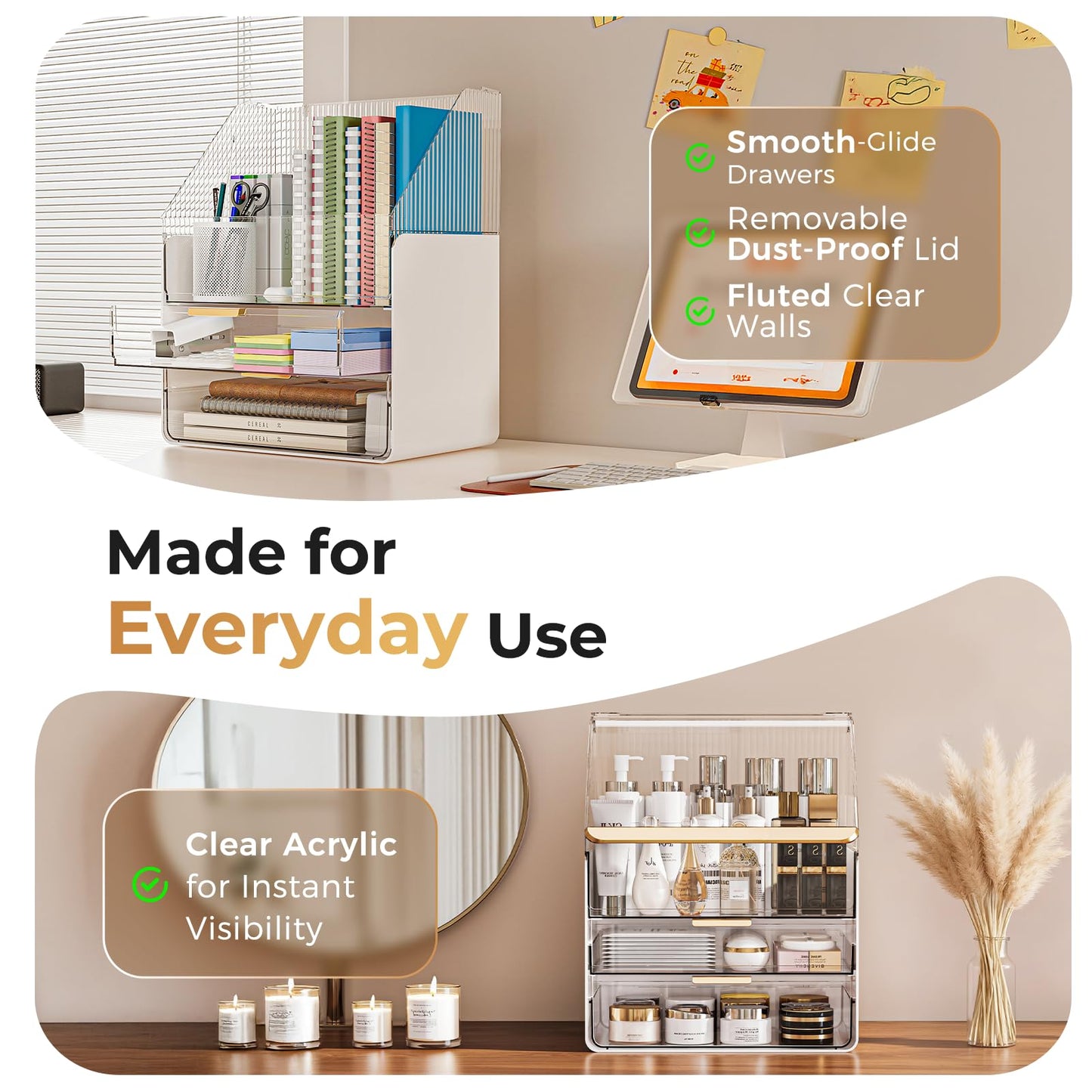 3-Tier Bathroom Countertop Makeup Organizer - Big Make Up Storage with Slide-Out Tray & Bottom Drawer, Transparent Acrylic for Cosmetics Brushes Lipsticks Skincare