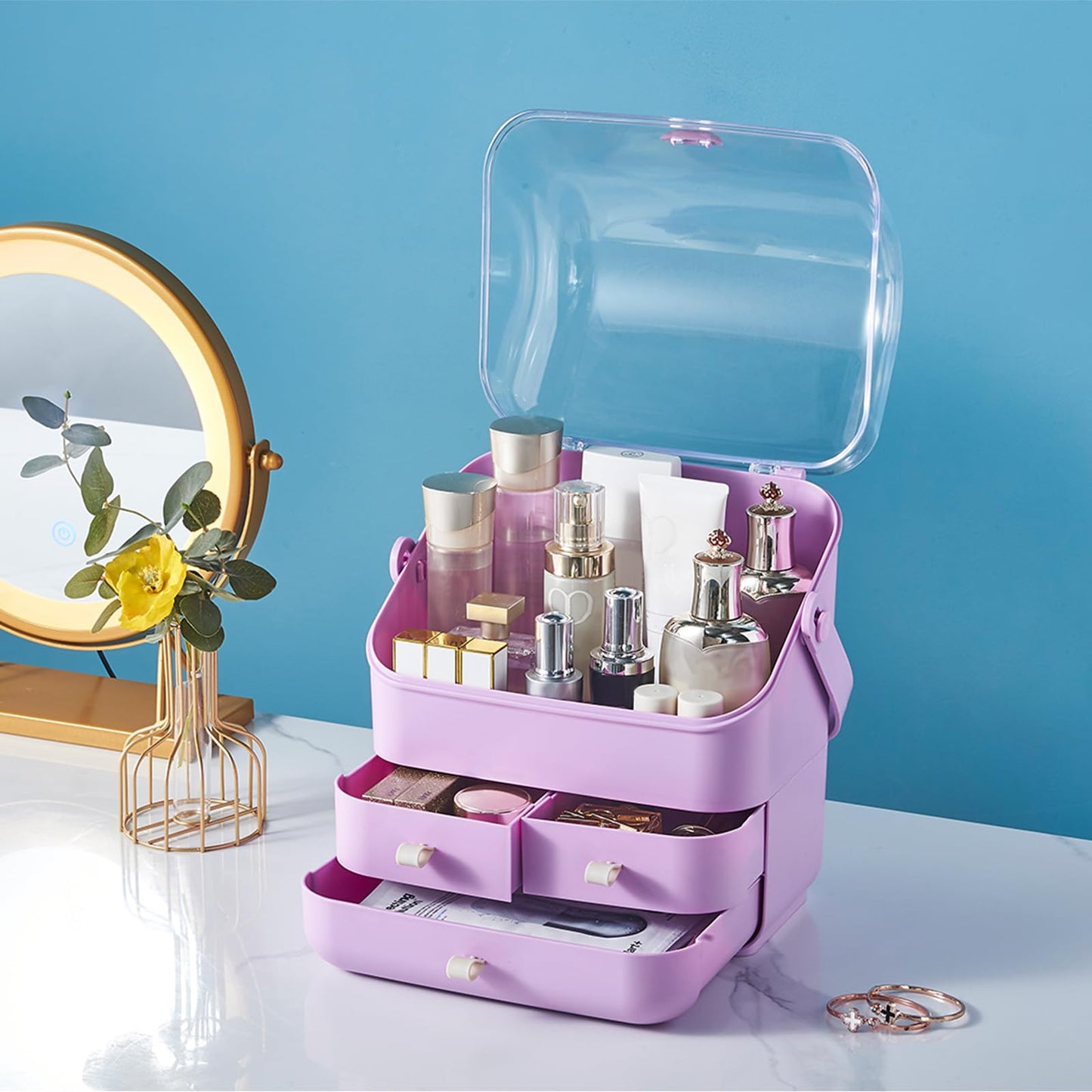 Large Makeup Organizer w Drawers Beauty Organizer Makeup Box Holder Vanity Organization Desk Countertop MakeUp Organizers Bathroom Counter Organizer Skincare Cosmetic Case Stand Dustproof Lid Gift