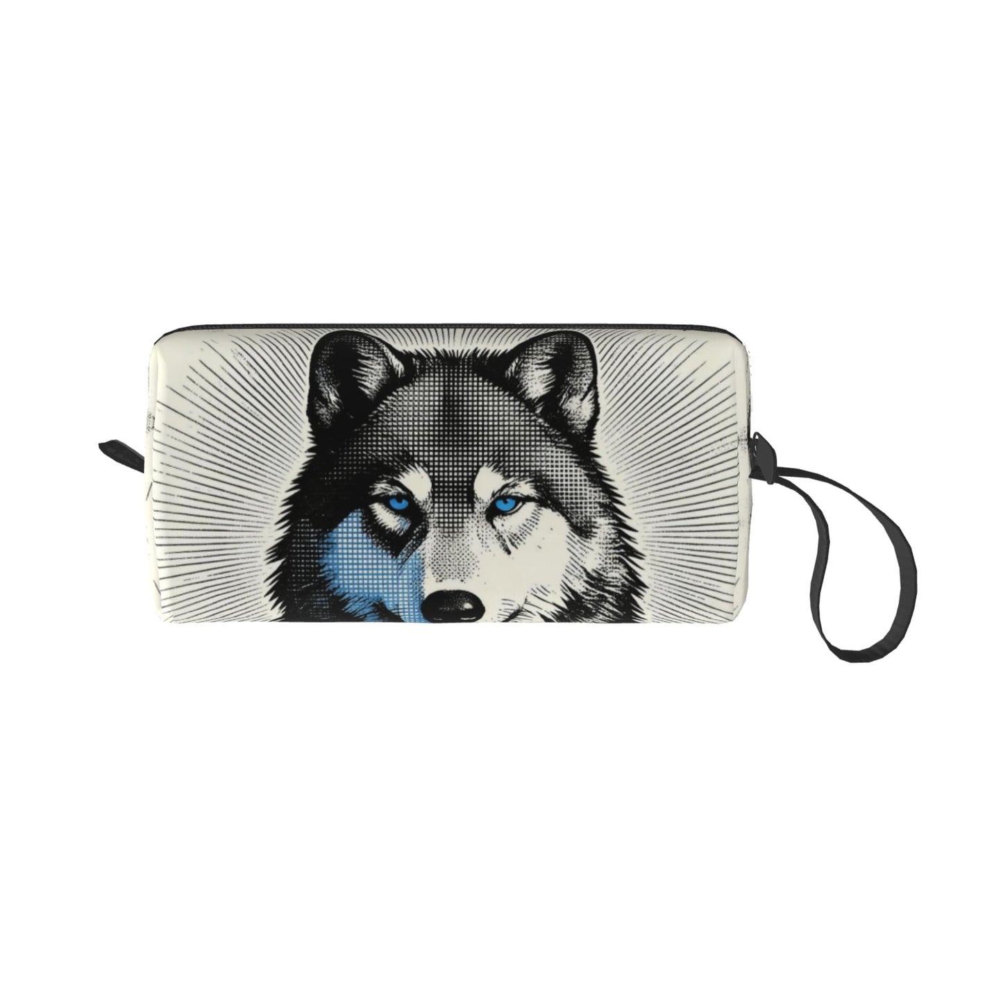OLUSENMO Blue Eyed Wolf Makeup Bag for Women - Durable 600D Oxford Fabric Cosmetic Organizer,Compact Travel Pouch with Handle for Gym & Daily Use