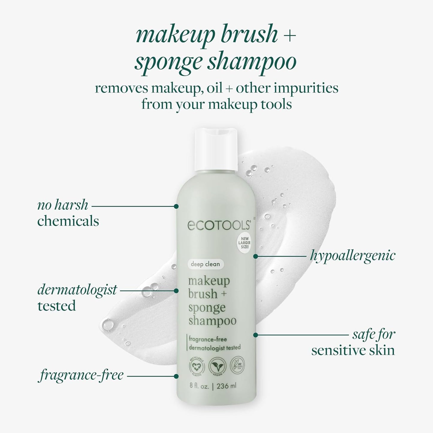 EcoTools Makeup Brush Cleaner Set – Brush & Sponge Shampoo (Extra Large Bottle) + Silicone Cleansing Pad with Suction