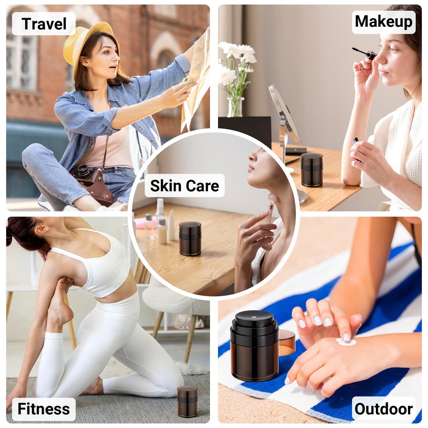 Segbeauty 1oz Refillable Small Airless Pump Jar Amber, 3pcs Empty Travel Size Cream Containers, Mini Vacuum Lotion Travel Bottles for Toiletries, 30ml Pump Dispenser Makeup Containers for Liquids