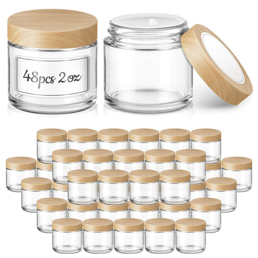 2 oz Glass Jars with Plastic Woodgrain Lids, Bumobum 48 pack Round Clear Cream Jars with Black and White Labels & Inner Liners, Empty Cosmetic Containers for Cream, Lotion, Ointment