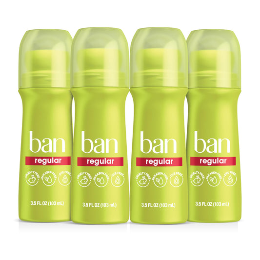 Ban Invisible Roll-on Antiperspirant Deodorant for Women and Men, 24-hour Underarm Odor & Sweat Protection, Regular Scent, 3.5 Oz, Pack of 4