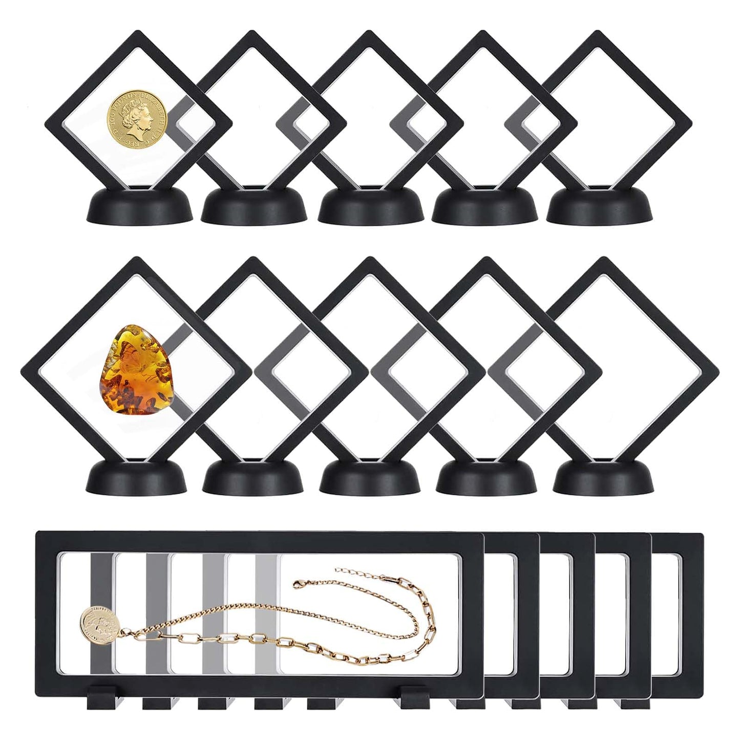 YUX-DTDSU 15 Pack 3D Floating Frame with Bases, Transparent PE Display Case, Black Challenge Coin Display Stand Holder, Large Suspension Jewelry Storage Boxes for Medals, Specimen, Medallions, Stamps