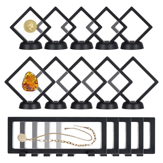 YUX-DTDSU 15 Pack 3D Floating Frame with Bases, Transparent PE Display Case, Black Challenge Coin Display Stand Holder, Large Suspension Jewelry Storage Boxes for Medals, Specimen, Medallions, Stamps
