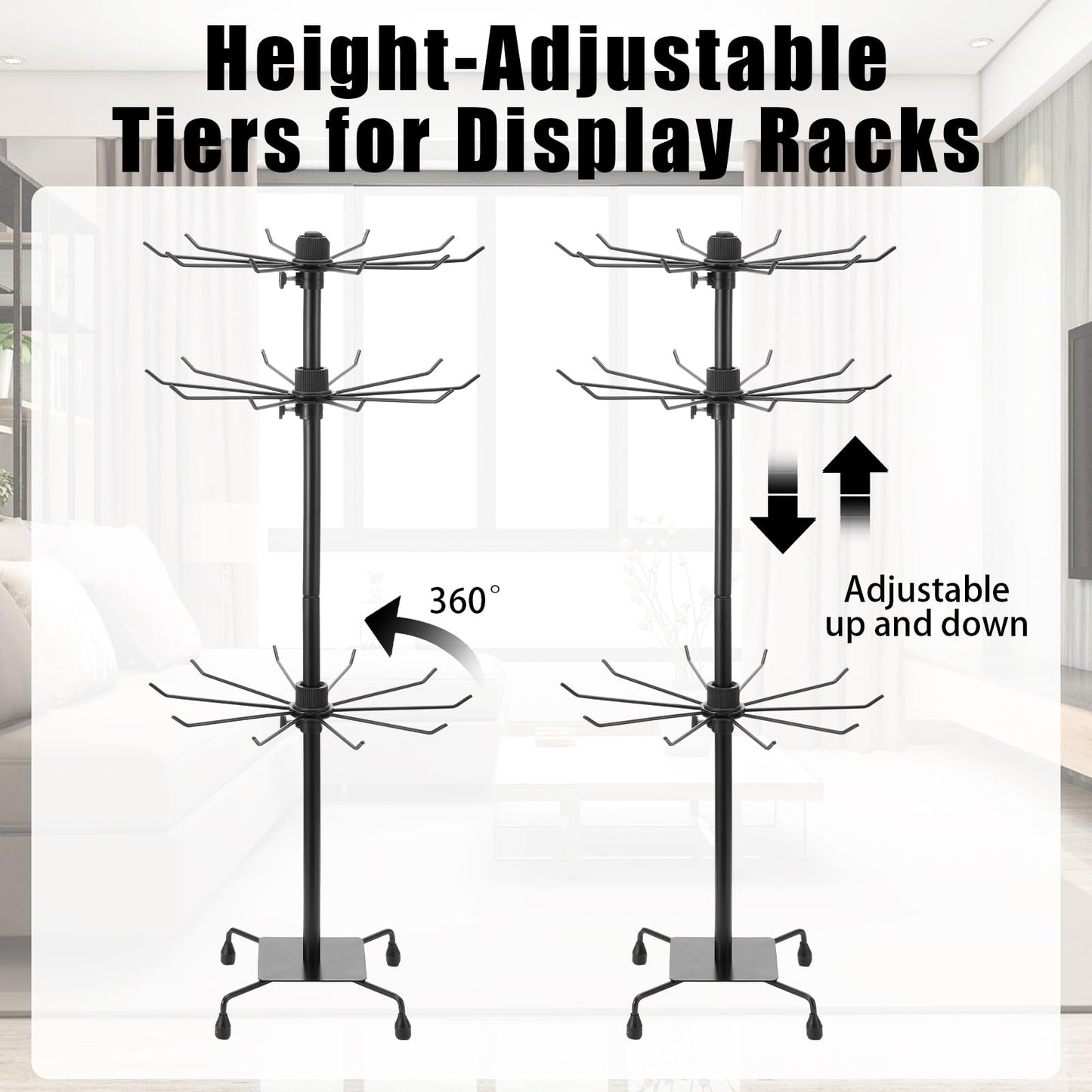 Kifmurase 2PCS Rotating Display Stand Metal Spinner Display Rack with Hooks Adjustable Height Holders for Earrings Necklace Key Rings, 3 Tiers Retail Vendor Jewelry Display Rack(Black)