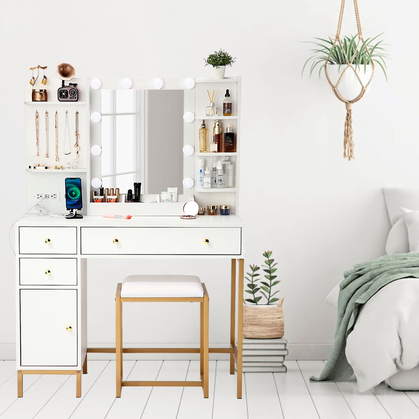 MilleLoom Vanity Desk with Stool and Charging Station, White Vanity Set with Mirror & Lights, 3 Lighting Colors, Large Makeup Table for Bedroom Dressing Room